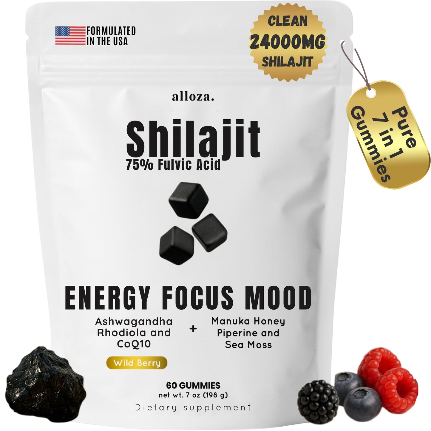 alloza Performance Shilajit Gummies with CoQ10 and Ashwagandha – Pure 7-in-1 Formula with 75% Fulvic Acid & 92+ Minerals – For Men & Women, Energy, Focus & Stress Support – 60 Gummies