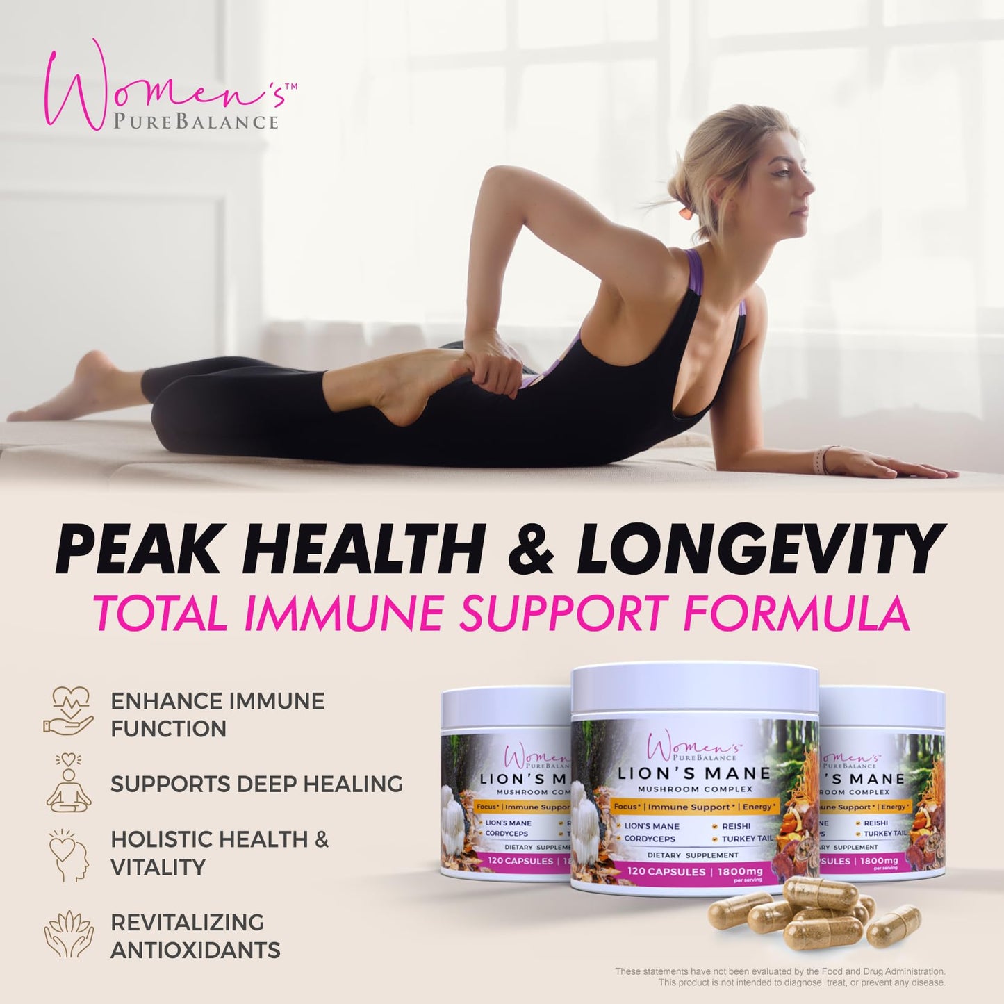 Women's PureBalance Lion's Mane Mushroom Supplement Capsules with Reishi, Cordyceps, Turkey Tail 120 Count