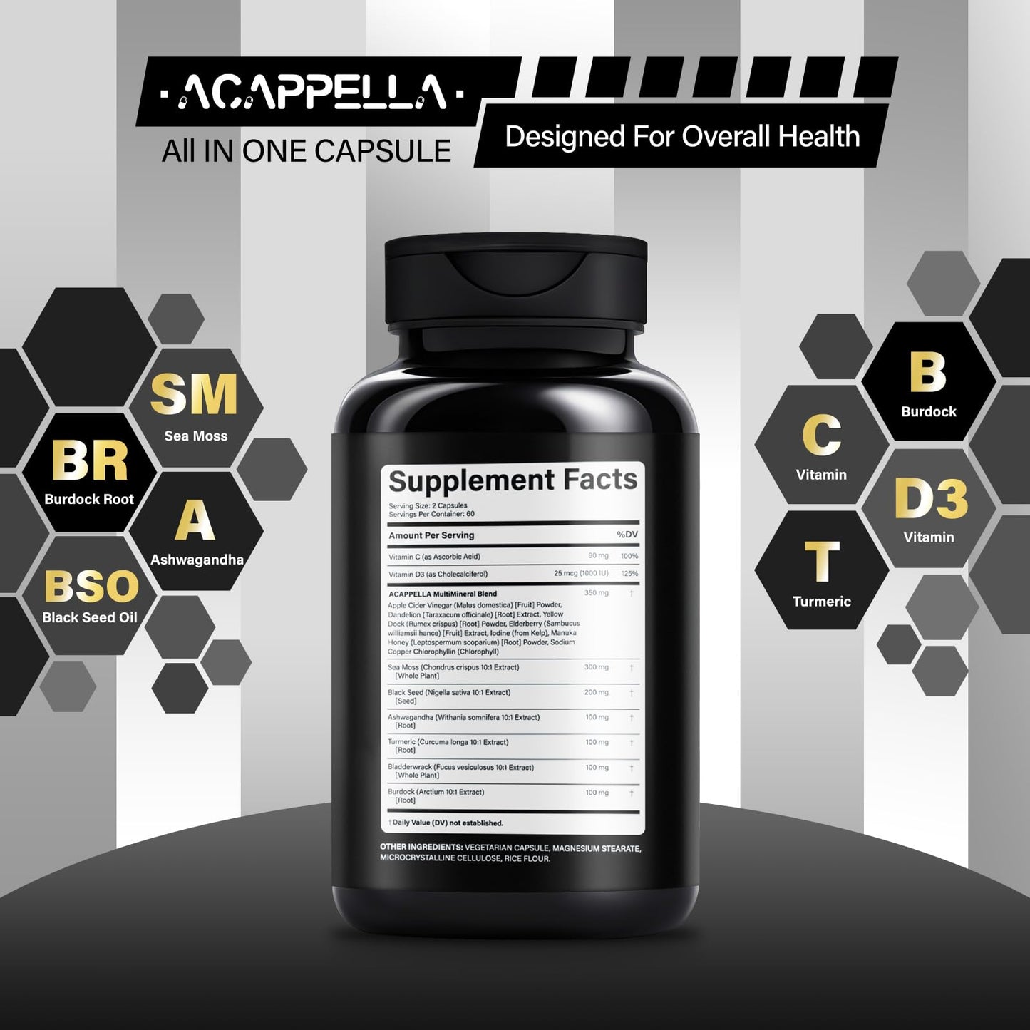 ACAPPELLA Sea Moss Ashwagandha Black Seed Oil Burdock Root Capsule, 120 Capsules