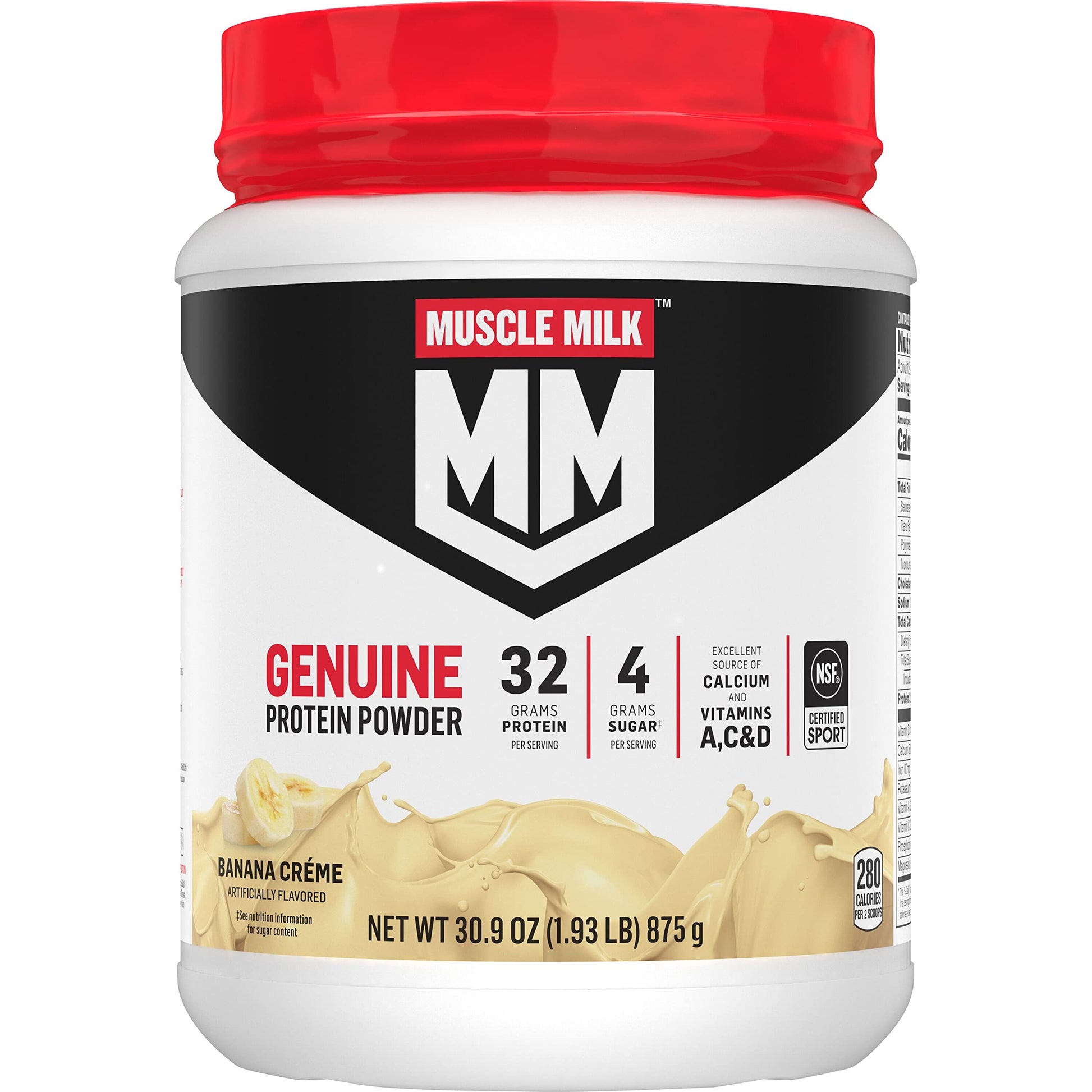 Muscle Milk Genuine Protein Powder, Banana Crème, 1.93 Pounds, 13 Servings, 32g Protein, 4g Sugar, Calcium, Vitamins A, C & D, NSF Certified for Sport, Energizing Snack, Packaging May Vary