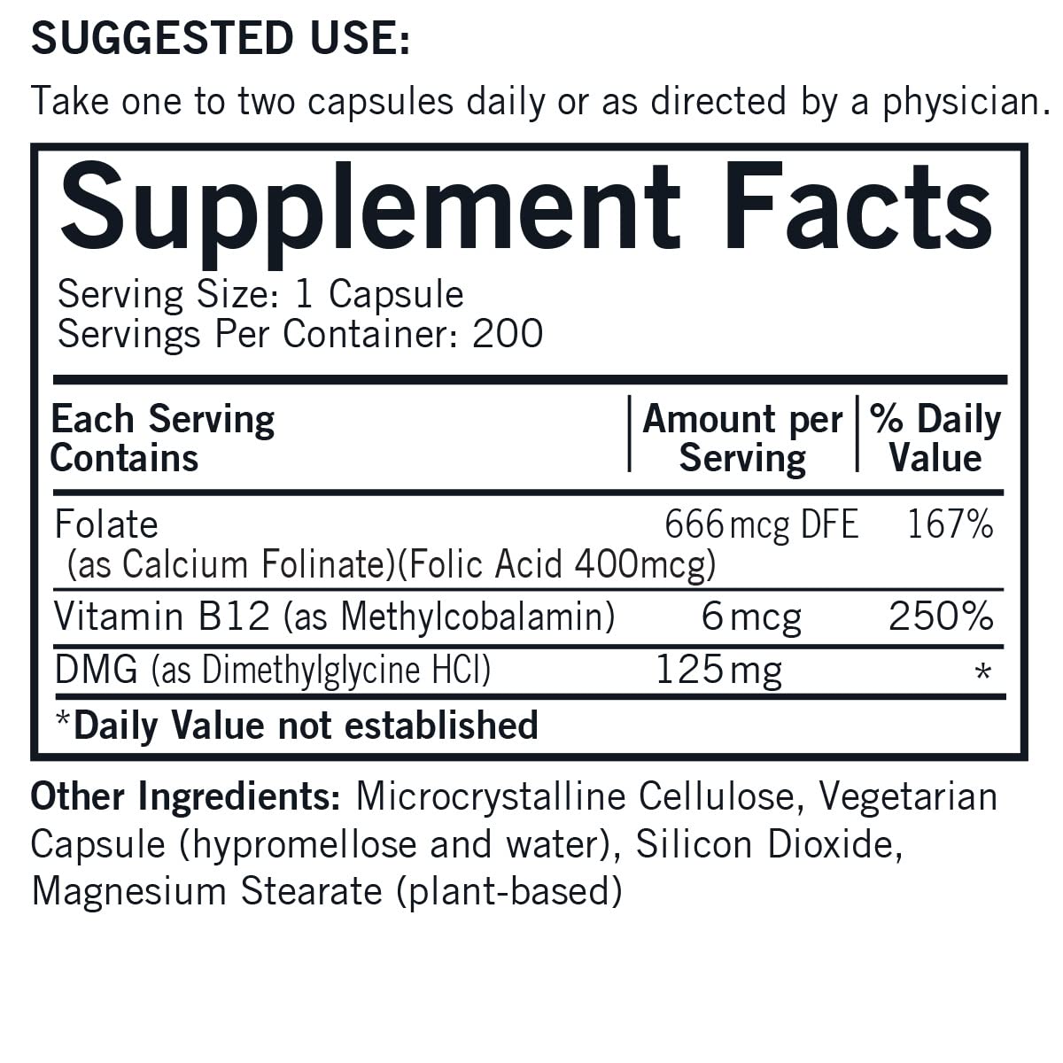 Kirkman DMG 125 mg with Folate and Methyl B12 Capsules, 200 Capsules
