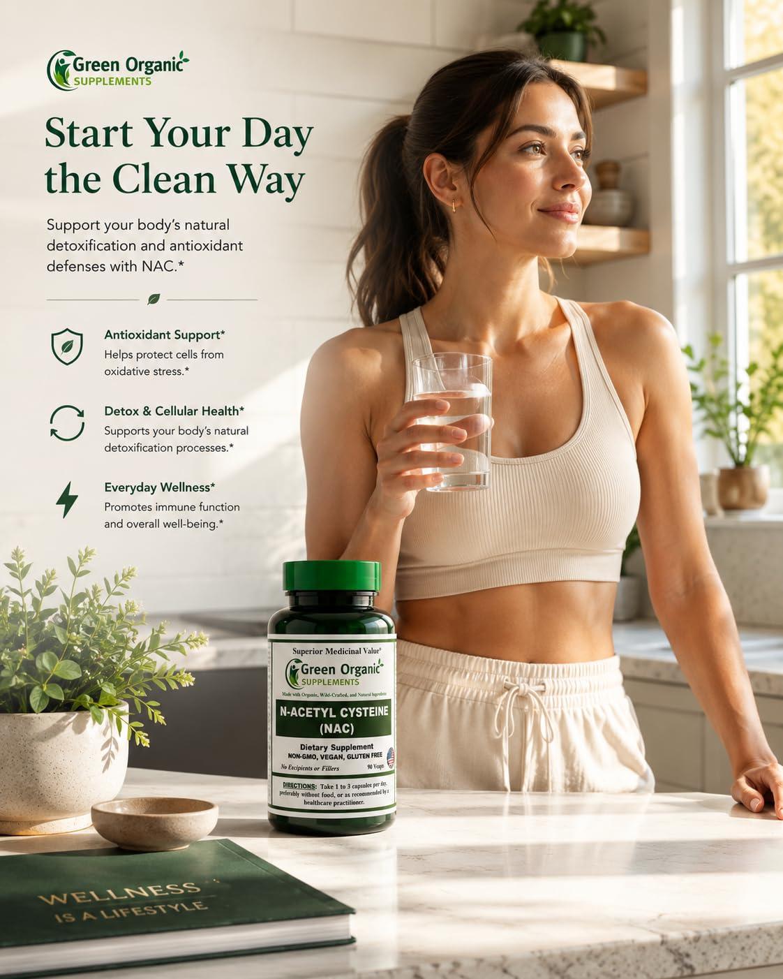 Green Organic Supplements N-Acetyl Cysteine (NAC) 700mg Capsules, 90 Count