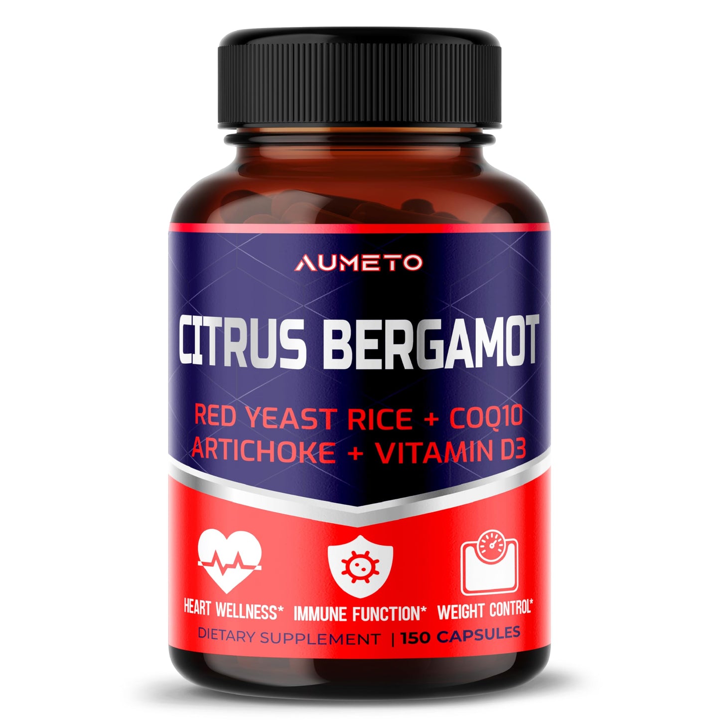 AUMETO Citrus Bergamot Supplement with Red Yeast Rice, CoQ10, Artichoke, Vitamin D3 Capsules, 150 Count