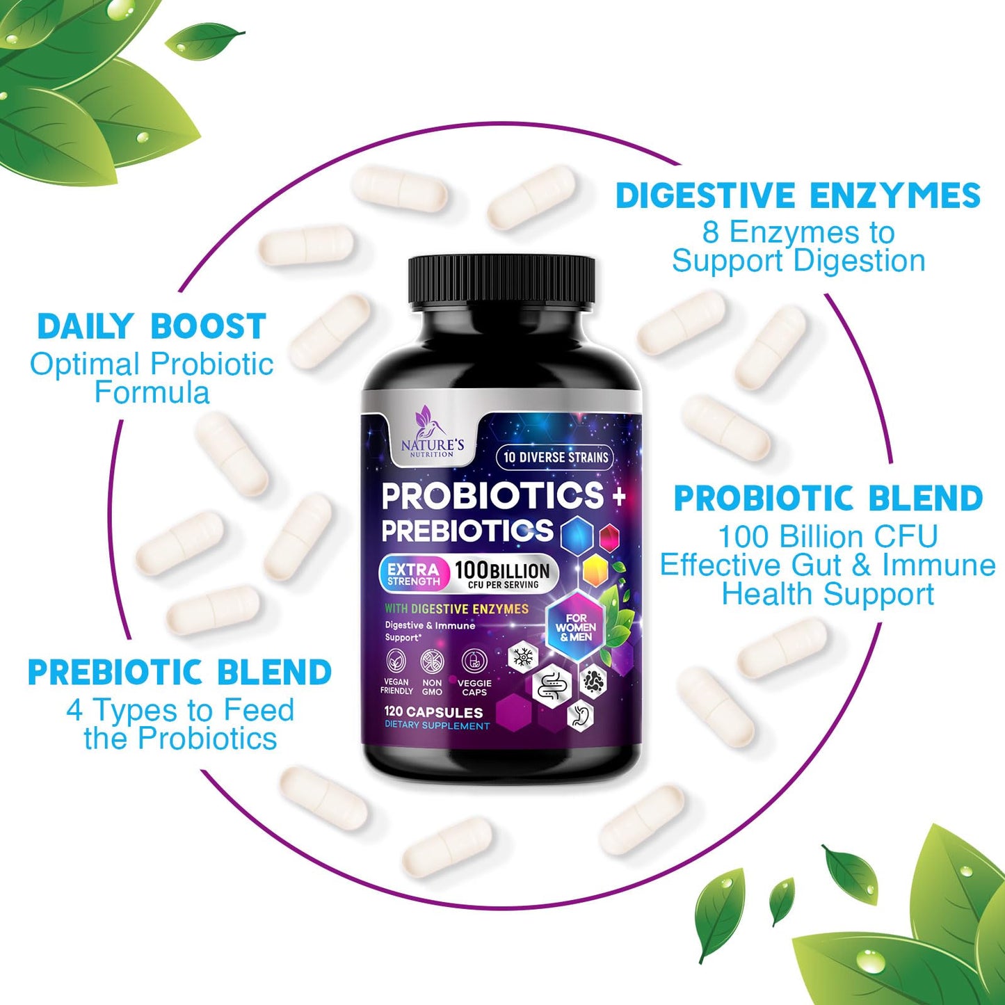 Nature's Nutrition Probiotics 100 Billion CFU Per Serving - 10 Premium Strains + Prebiotics, 120 Capsules