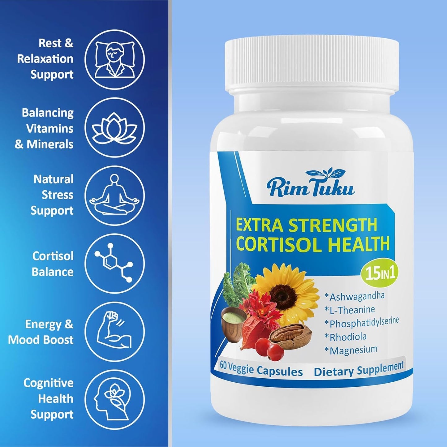 RimTuku Cortisol Supplements for Women & Men -15-in-1 Cortisol Detox for Women, Cortisol Manager & Reducer with Ashwagandha, Rhodiola Rosea Supports Stress Relief, Adrenal Balance, 180 Capsules