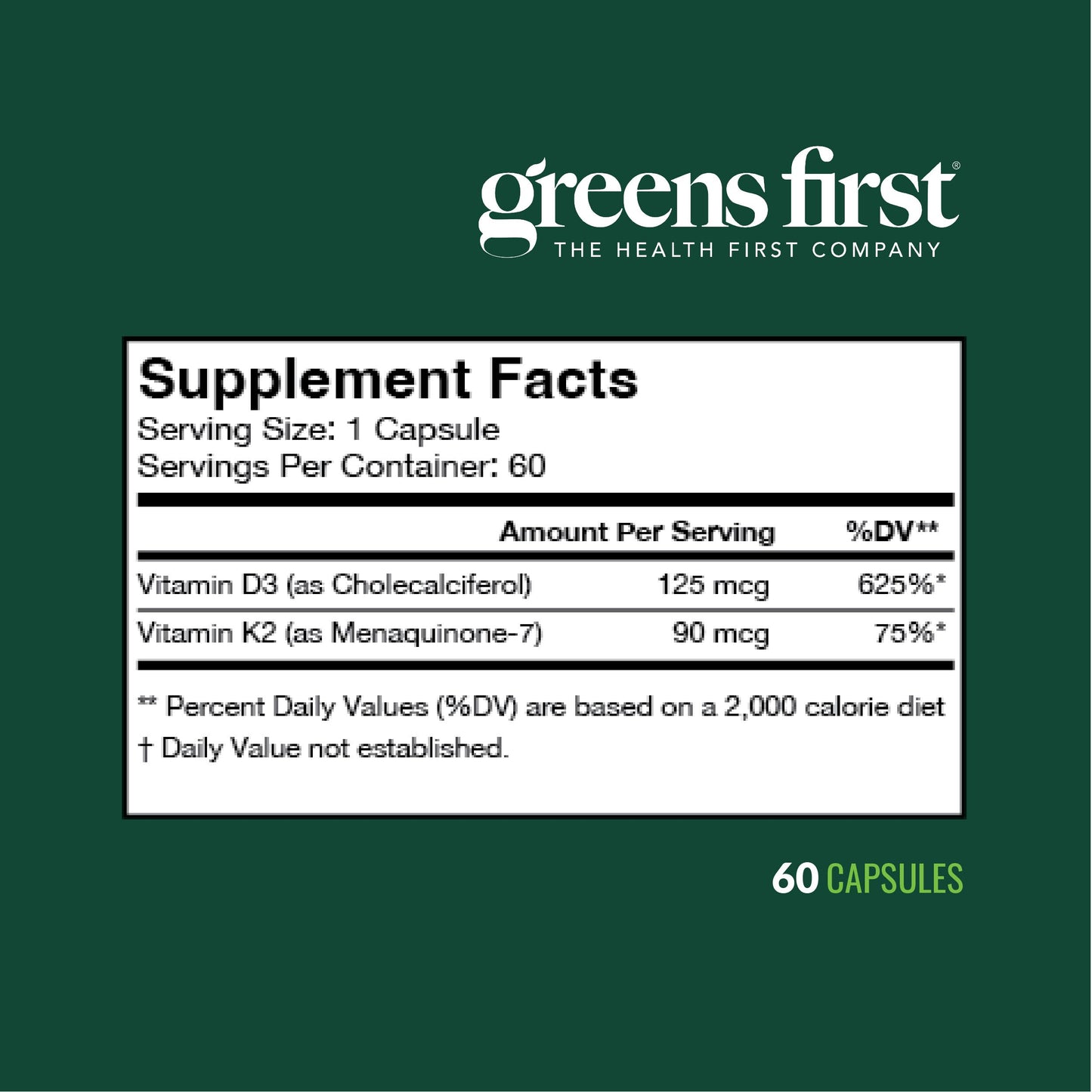 Greens First Vitamin D3+K2 60 Vegetable Capsules