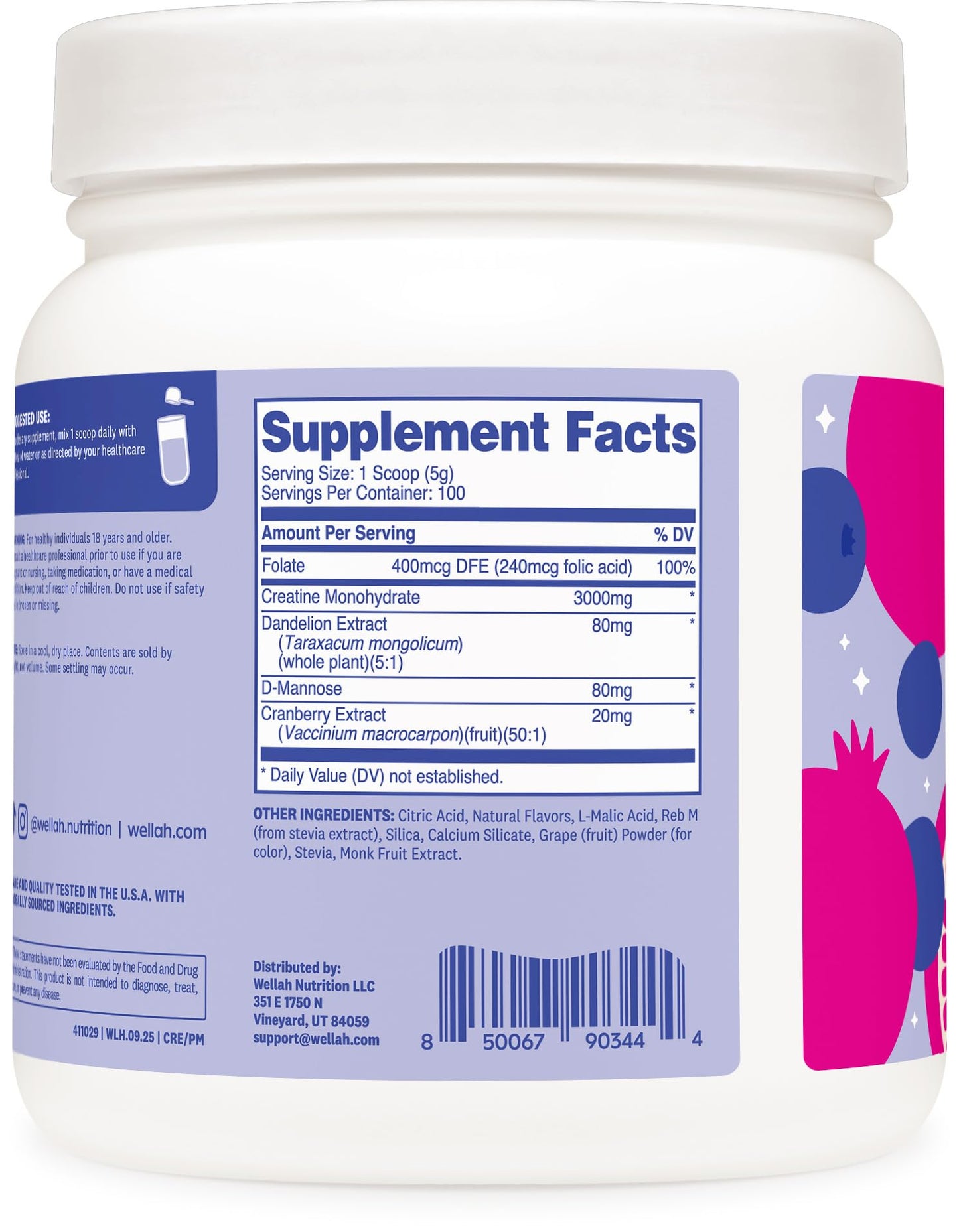 Wellah Creatine for Women - Creatine Monohydrate with Dandelion & Cranberry Extract Powder 18.2