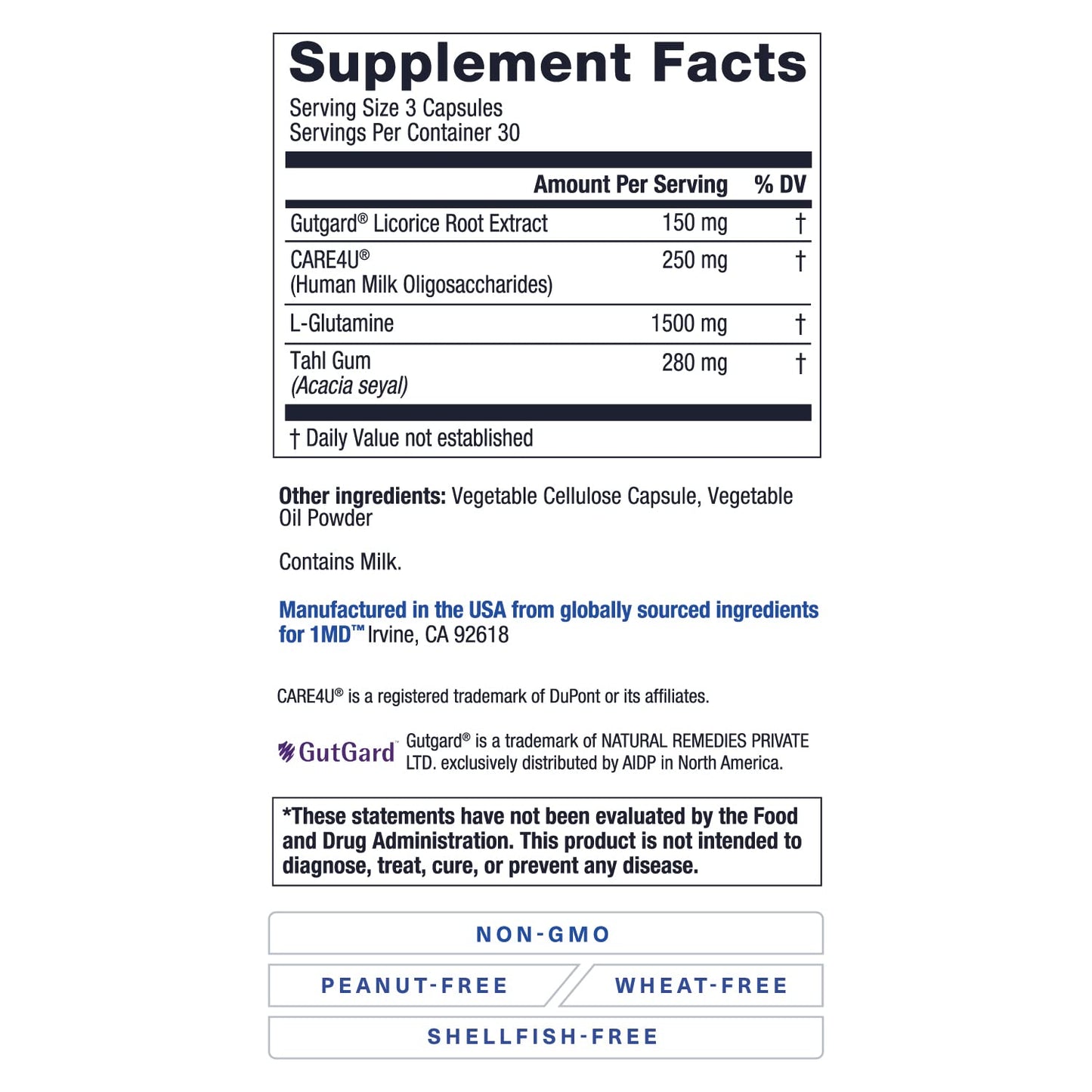 1MD Nutrition GutMD L-Glutamine and Prebiotic for Gut Integrity | Promote Digestive Tract Health, 180 Capsules