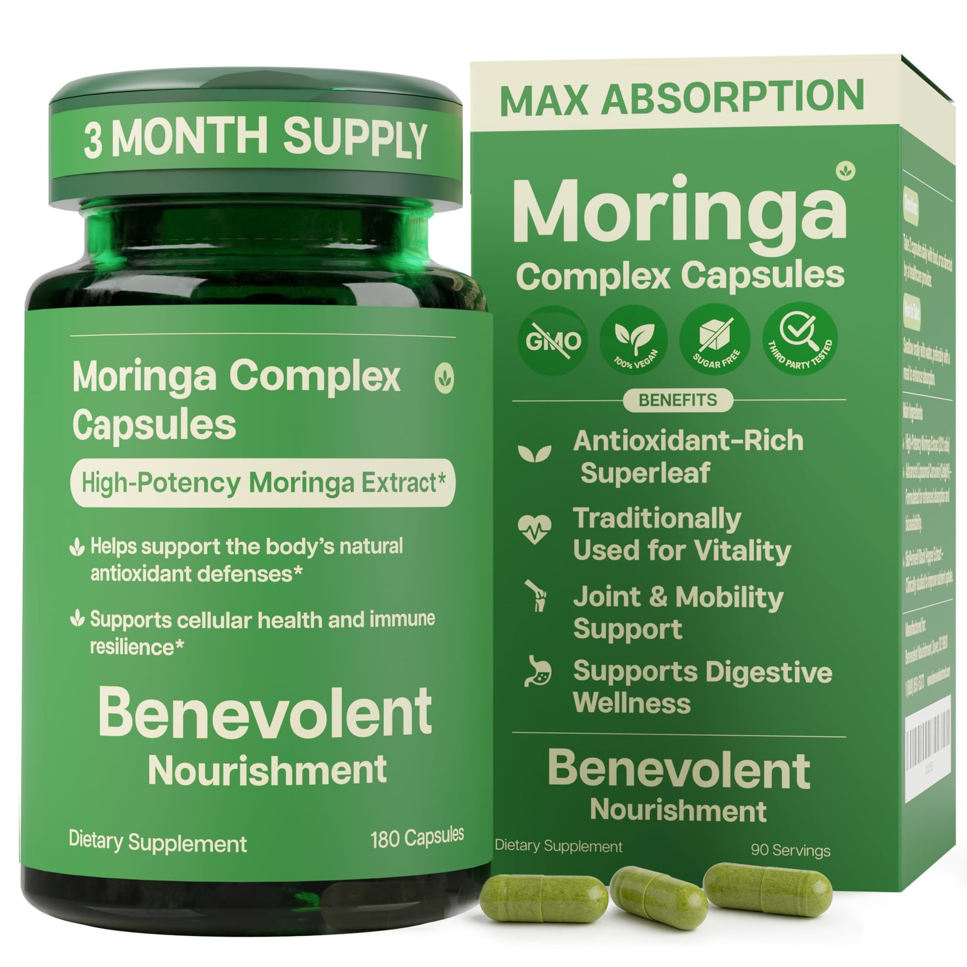 Benevolent Nourishment Moringa Capsules with Liposomal Curcumin & BioPerine, 180 Count