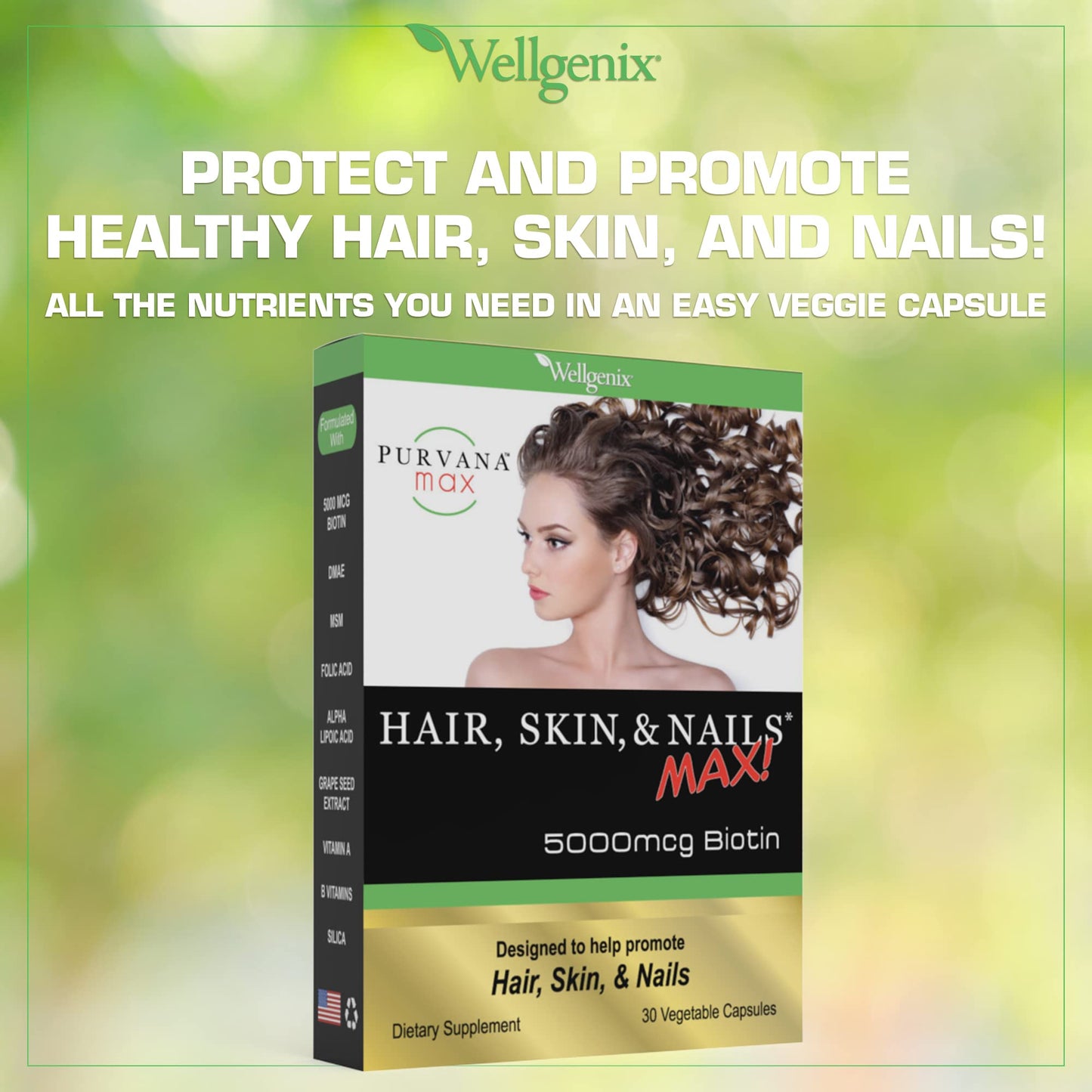 Wellgenix Purvana MAX Hair Skin and Nails Supplement 5000mcg Biotin with MSM & B-Complex 60 Veggie Capsules