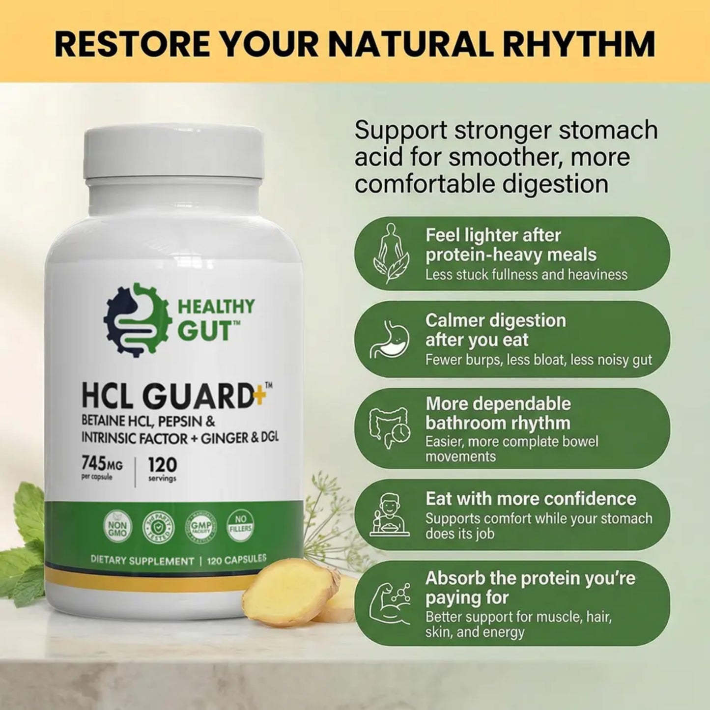 Healthy Gut HCL Guard Betaine HCl with Pepsin Capsule 120 Count