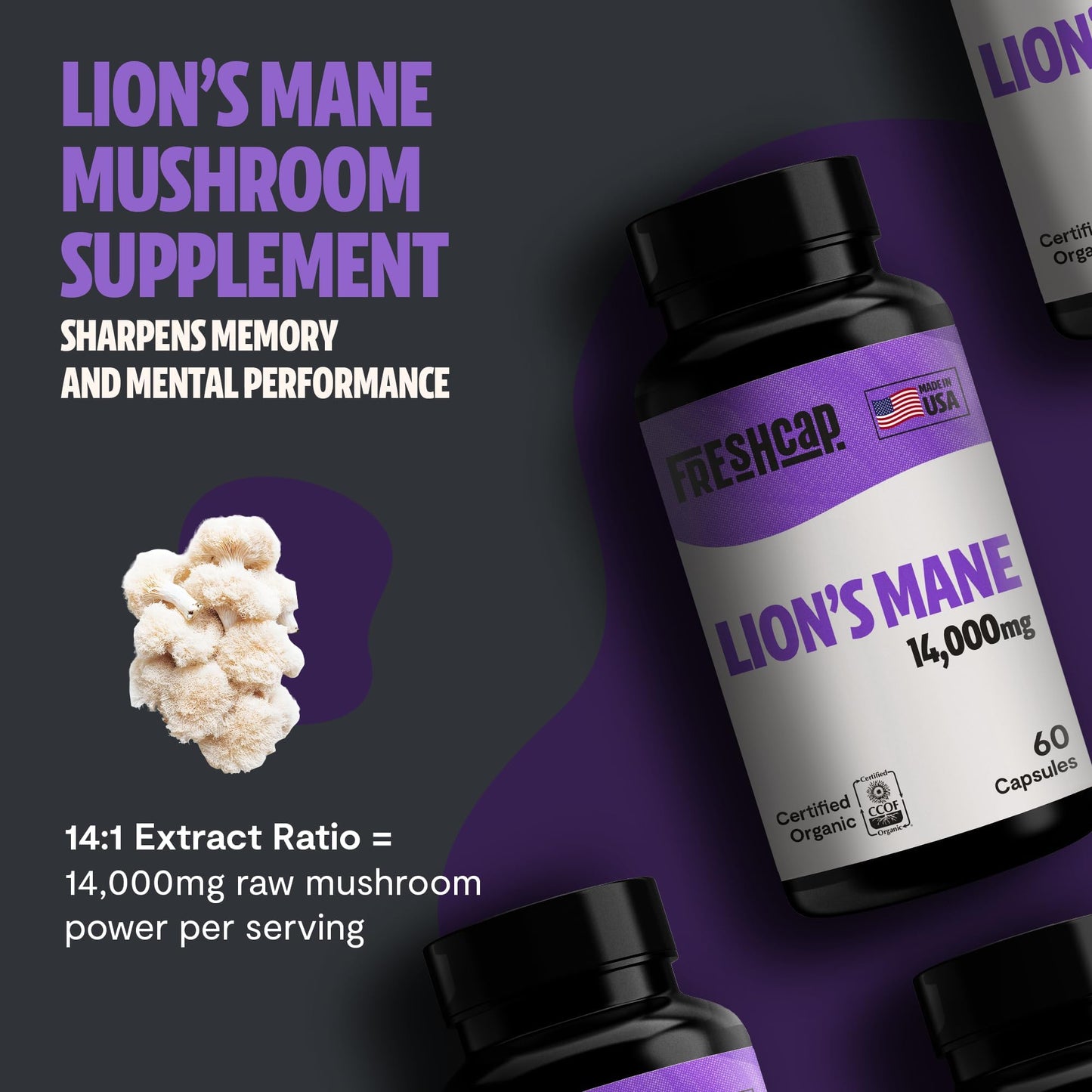 FreshCap Mushrooms Premium Organic Lions Mane Capsules, 180 Capsules