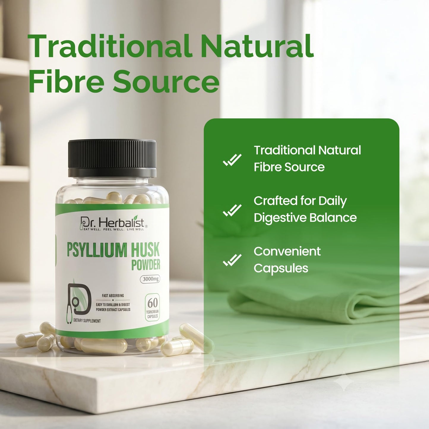Dr. HERBALIST Psyllium Husk Powder Capsules 3000mg Soluble Fiber Supplement Plantago Ovata 60 Count