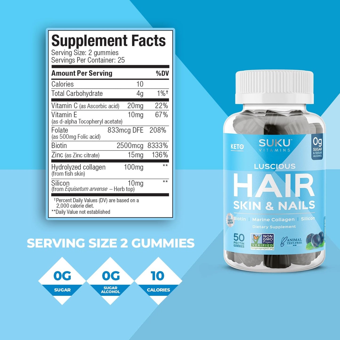 SUKU Luscious Hair Silicon Biotin and Hydrolyzed Marine Collagen Gummies for Skin, Hair & Nails - Easy to Chew - Non GMO, Gluten Sugar Free - Blueberry Flavored Gummy Vitamins, 50 Count