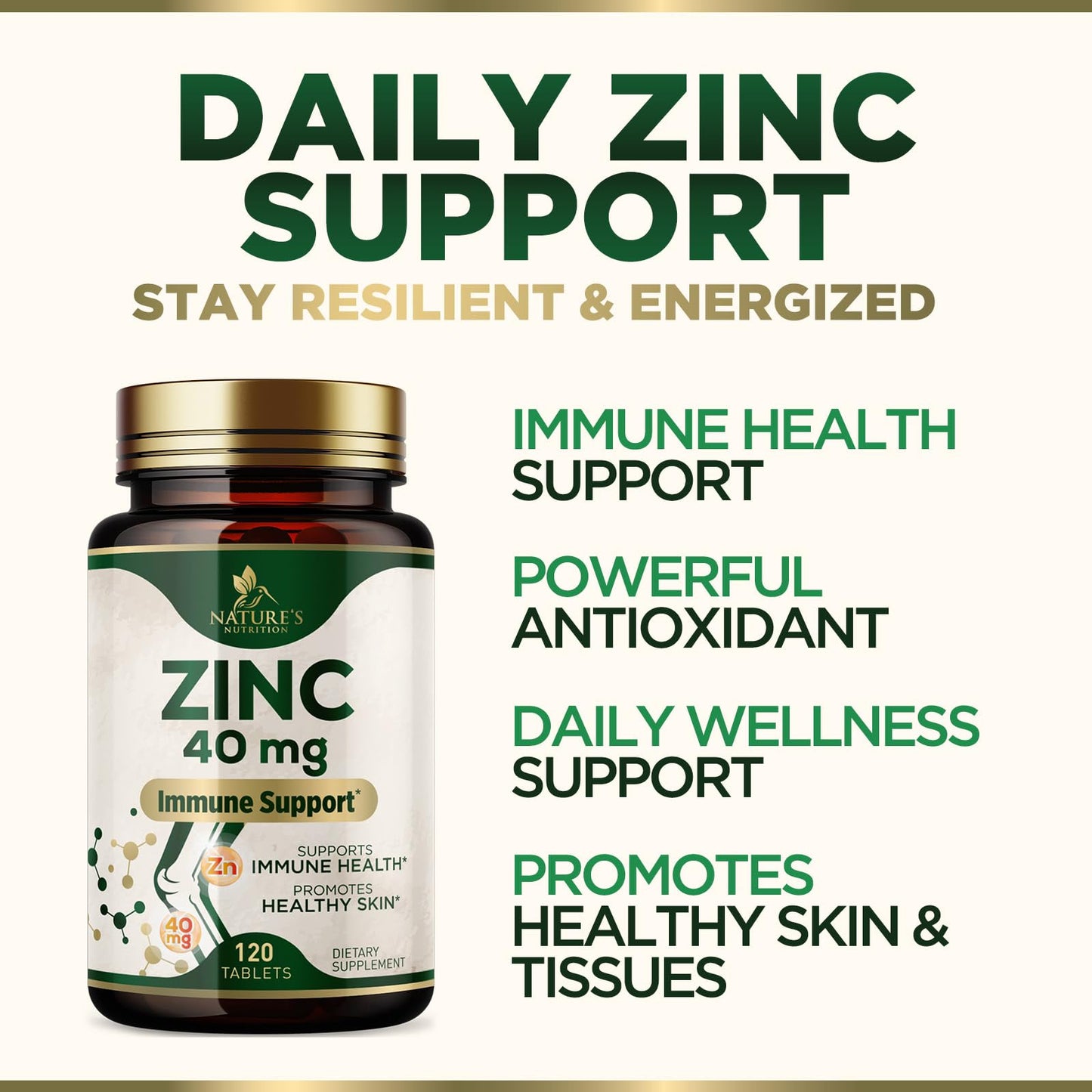 Nature's Nutrition Zinc 40mg High Potency Supplement for Immune System Support & Skin Health, 120 Tablets