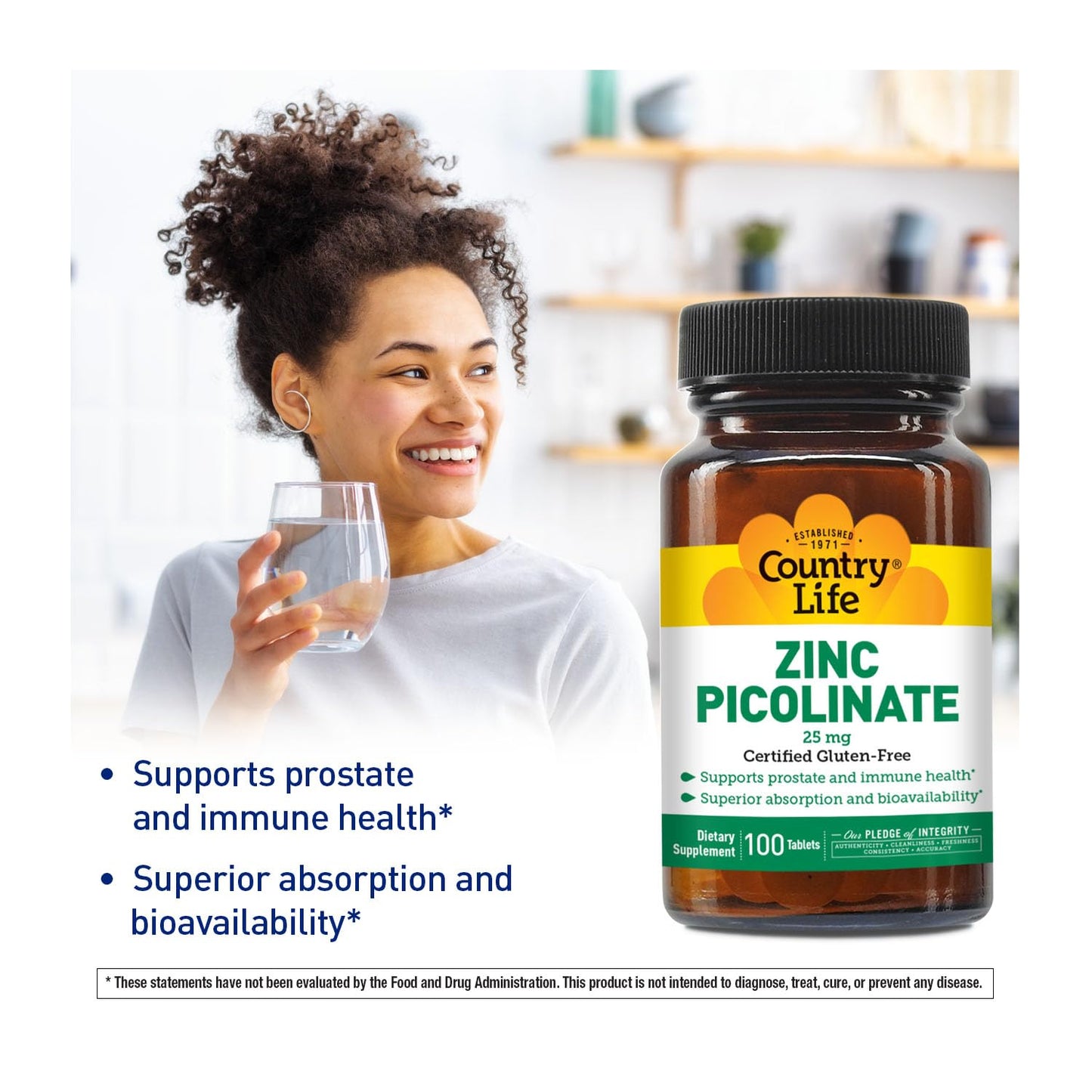 Country Life Zinc Picolinate 25 mg Tablets, 100 Count