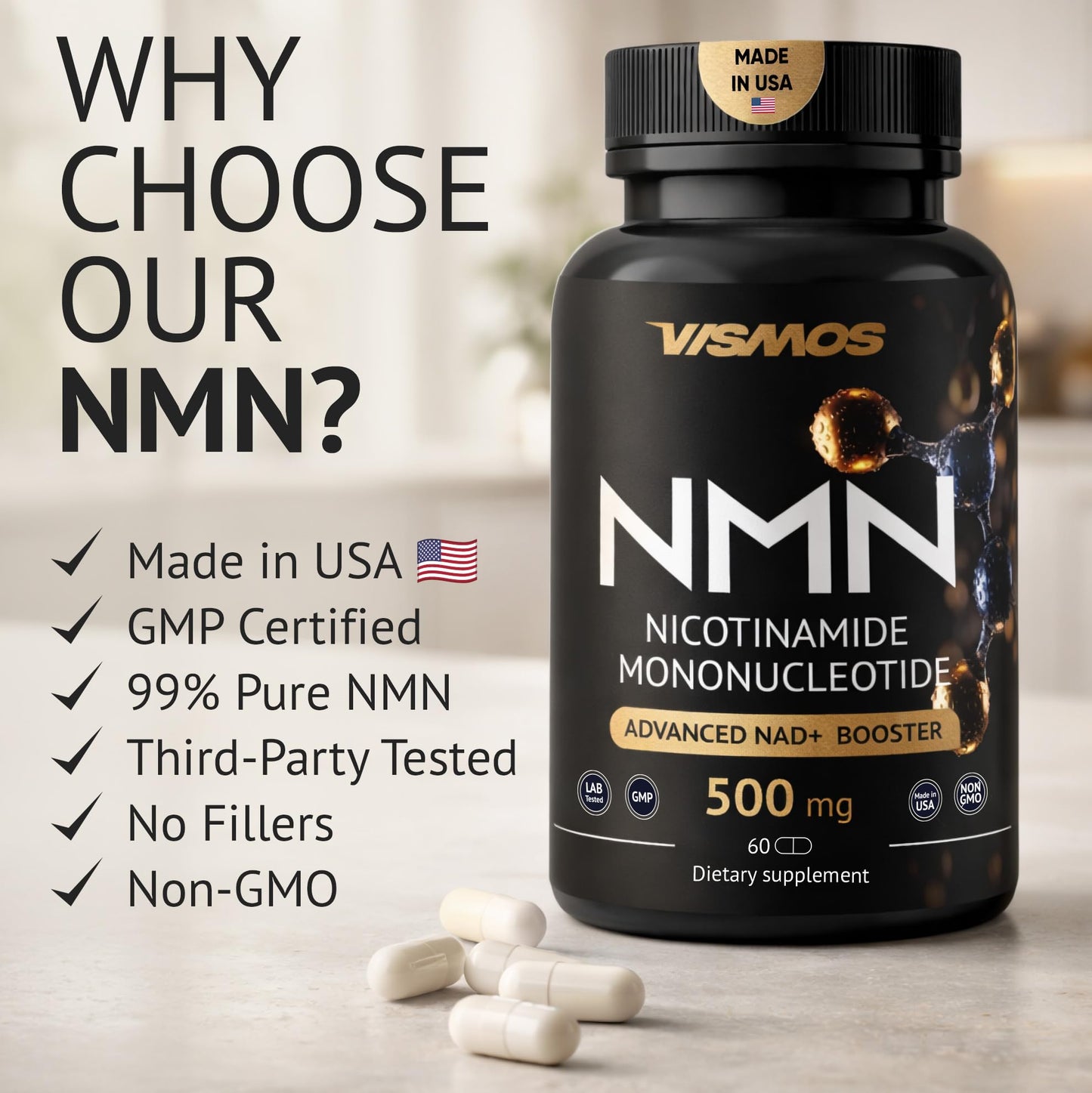 VISMOS NMN Supplement 500mg Capsule, 60 Capsules