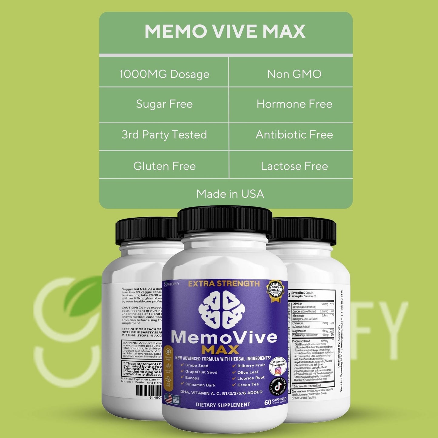 GREENVIFY MemoVive MAX Extra Strength Memory Support Supplement Capsules, 60 Capsules