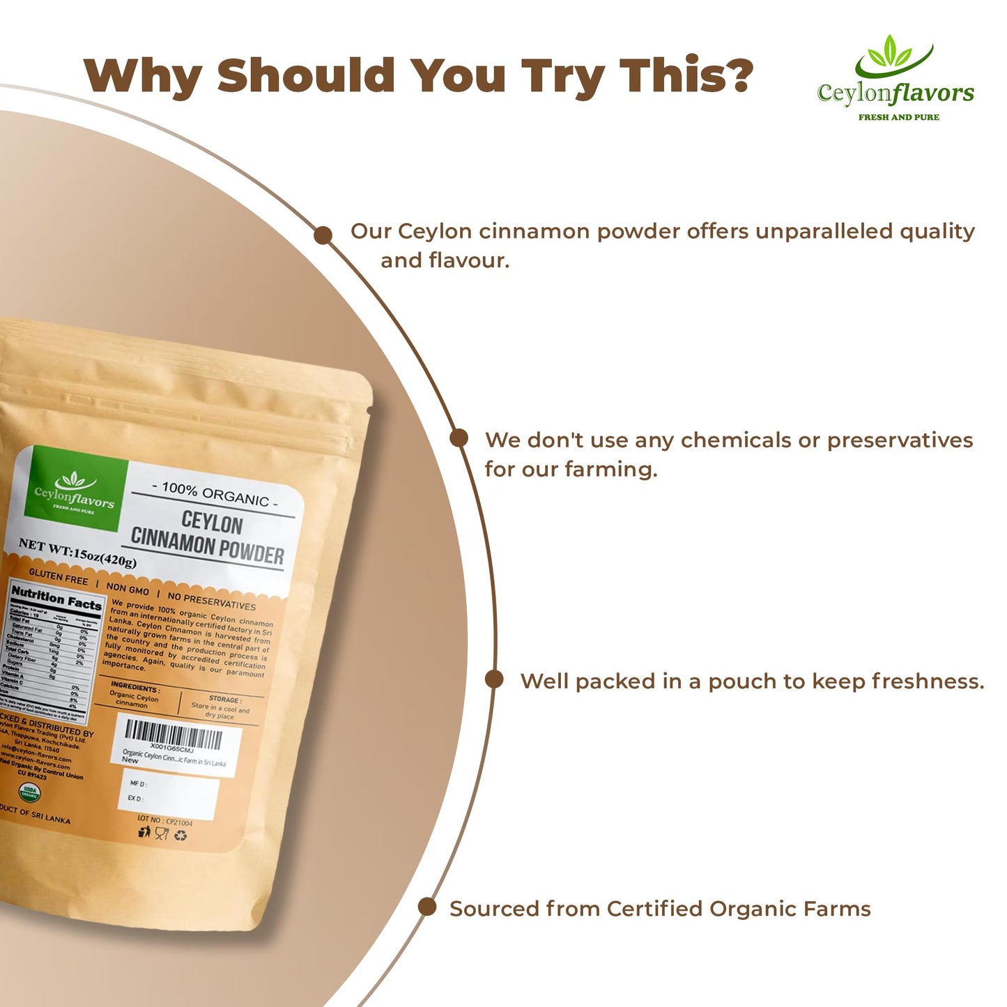 CEYLONFLAVORS FRESH AND PURE Organic Ceylon Cinnamon Powder 15 oz