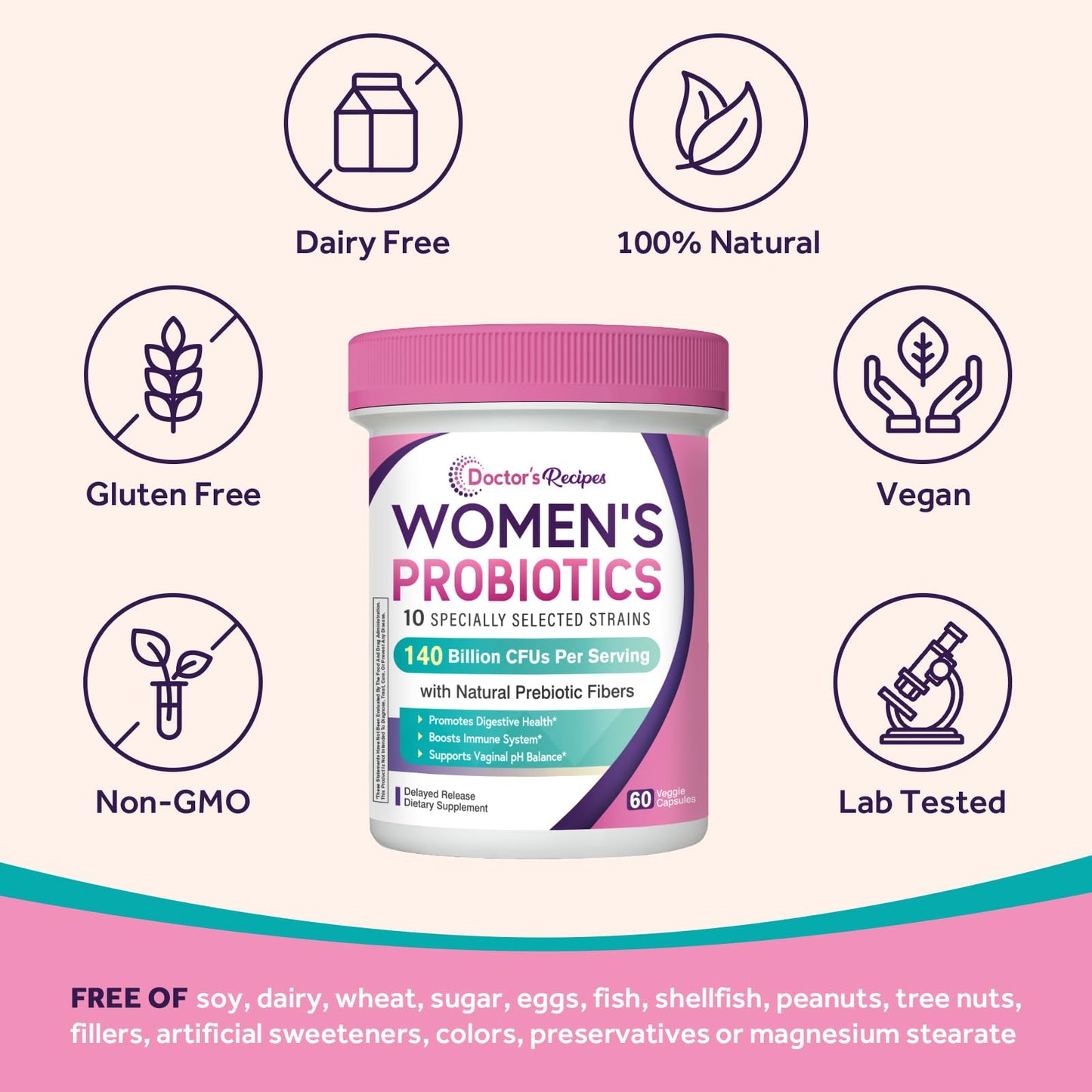 Doctor's Recipes Probiotics for Women with Organic Prebiotics and Probiotics, 140 Billion CFU, 10 Strains, Digestive and Vaginal Health, 60 Capsules