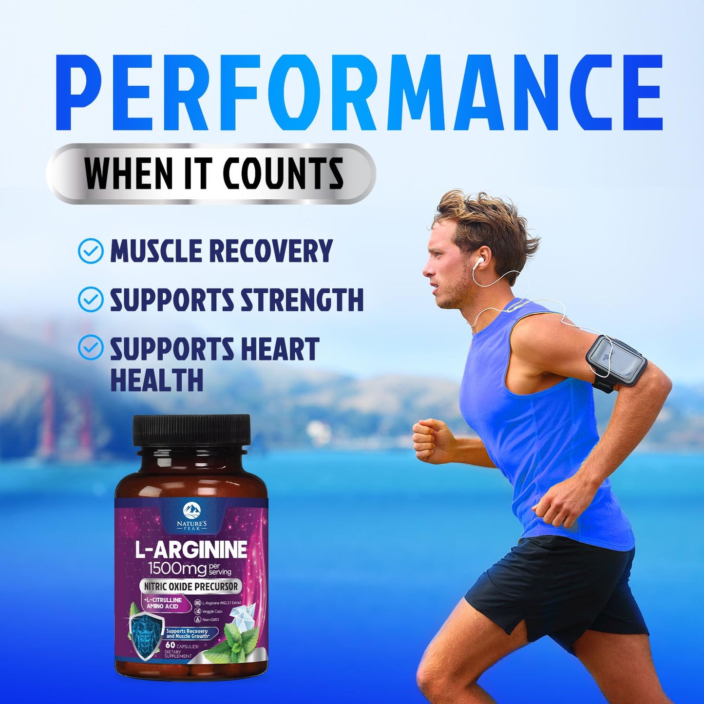 Nature's Peak L-Arginine Complex Extra Strength Nitric Oxide Booster Supplement Premium Energy Blend for Natural Heart Health & Muscle Support Non-GMO 60 Capsules