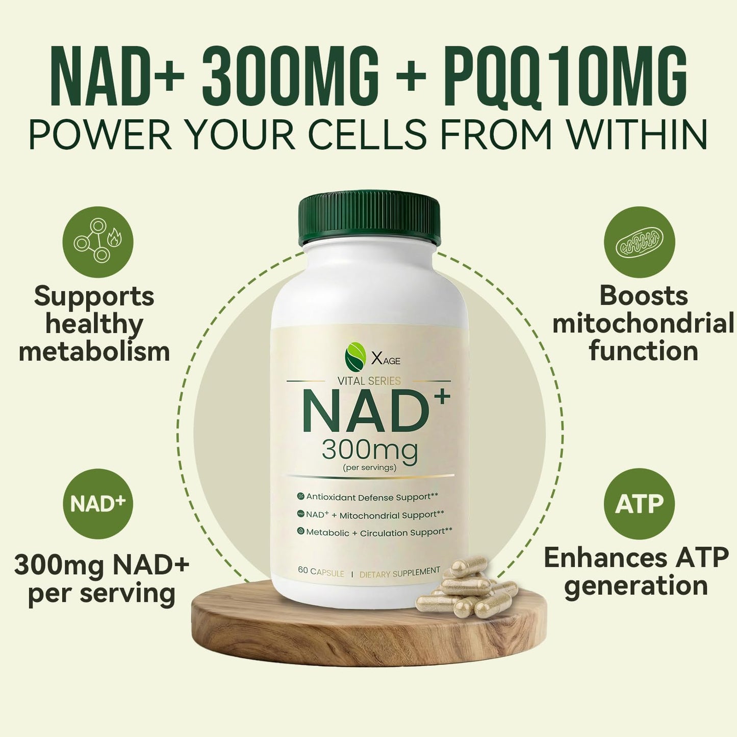 XAGE NAD+ Supplement with PQQ, Quercetin & EGCG for Cellular Energy Capsule, 60 Count