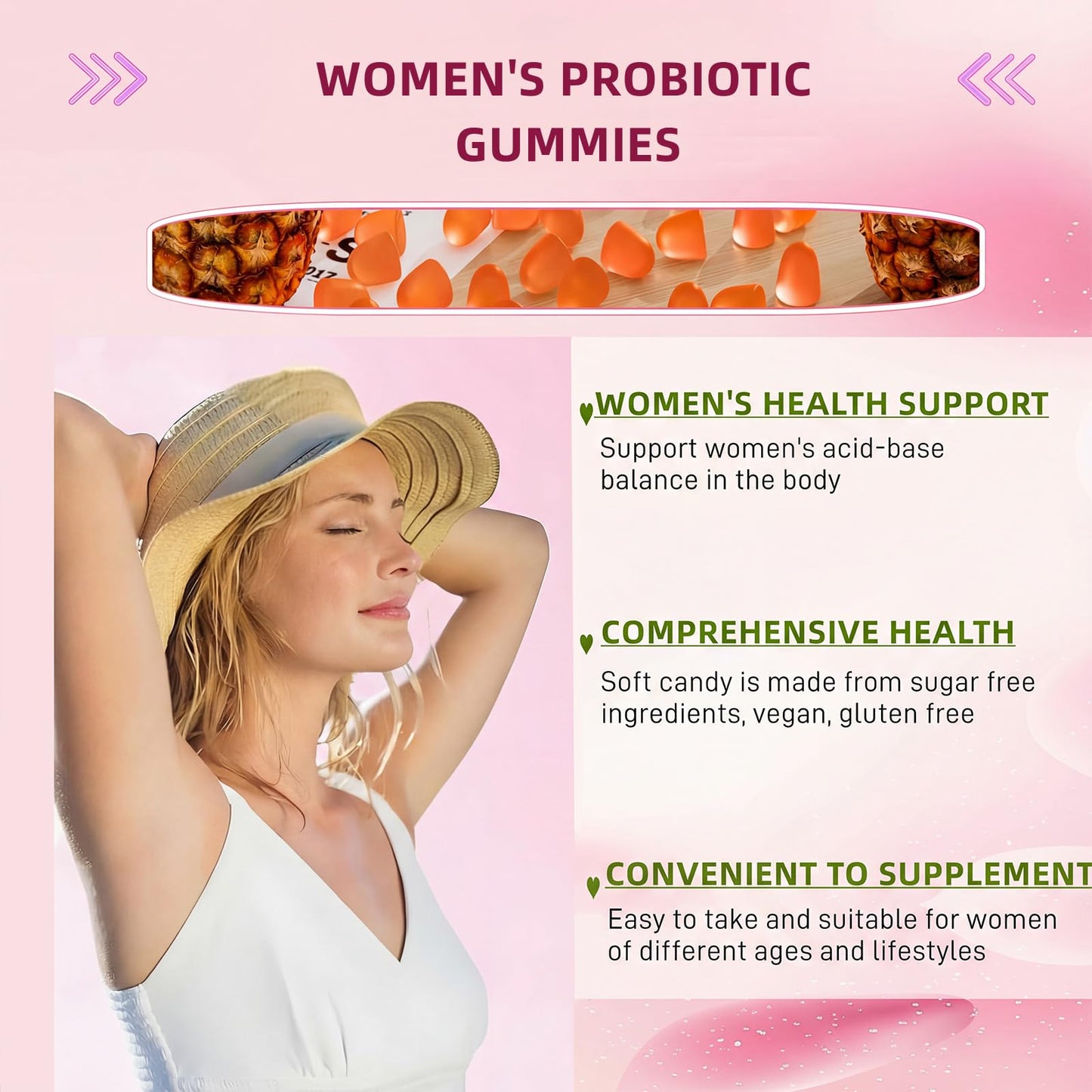 OYEMATE Women's Probiotic Gummies – Vaginal Flora Support & Digestive Health – pH Balance, Vegan & Gluten-Free – Hawaiian Pineapple, 60 Count