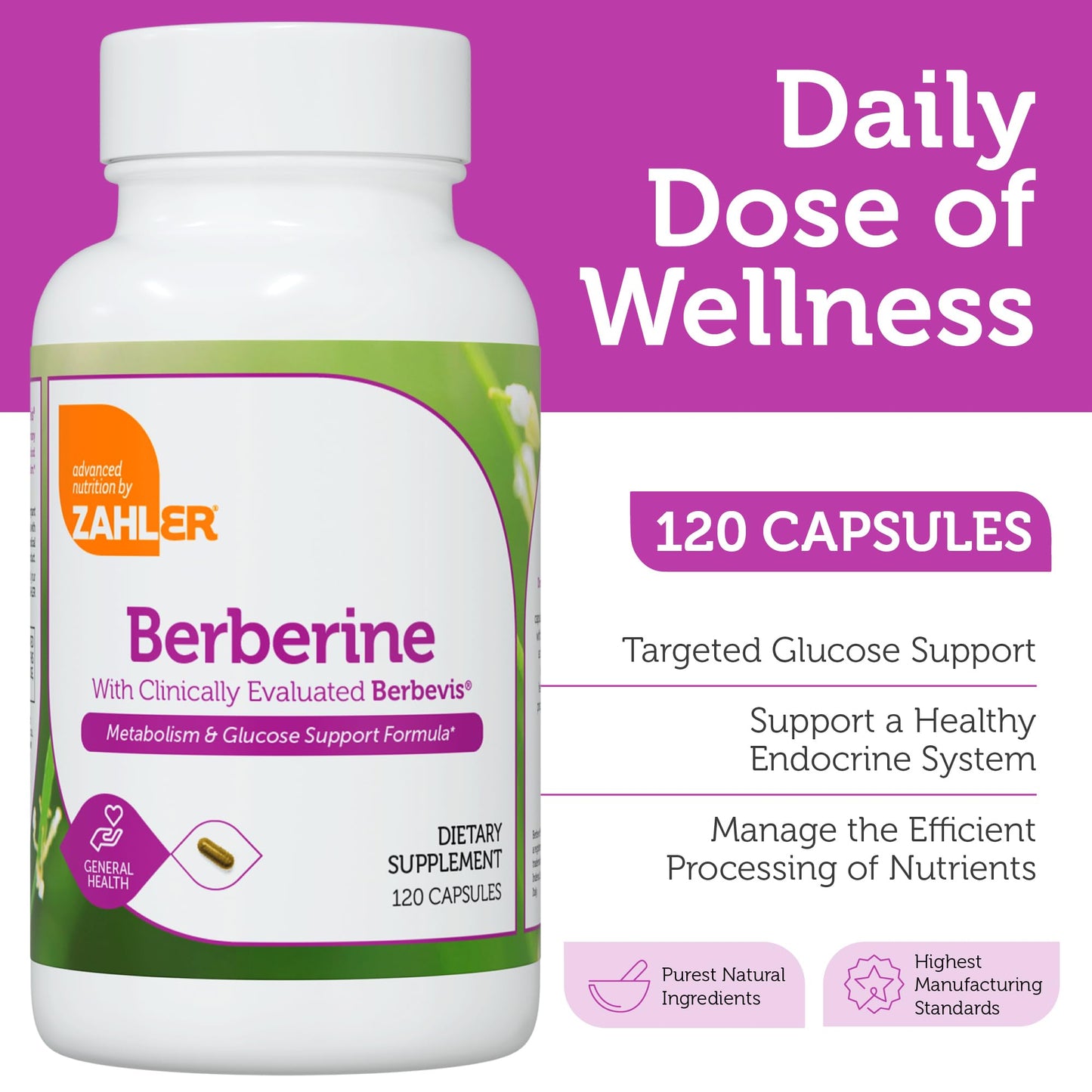 Zahler Berberine 1000mg Capsule with Clinically Evaluated Berbevis Complex and Berberine HCl, Metabolism & Glucose Support, 120 Capsules