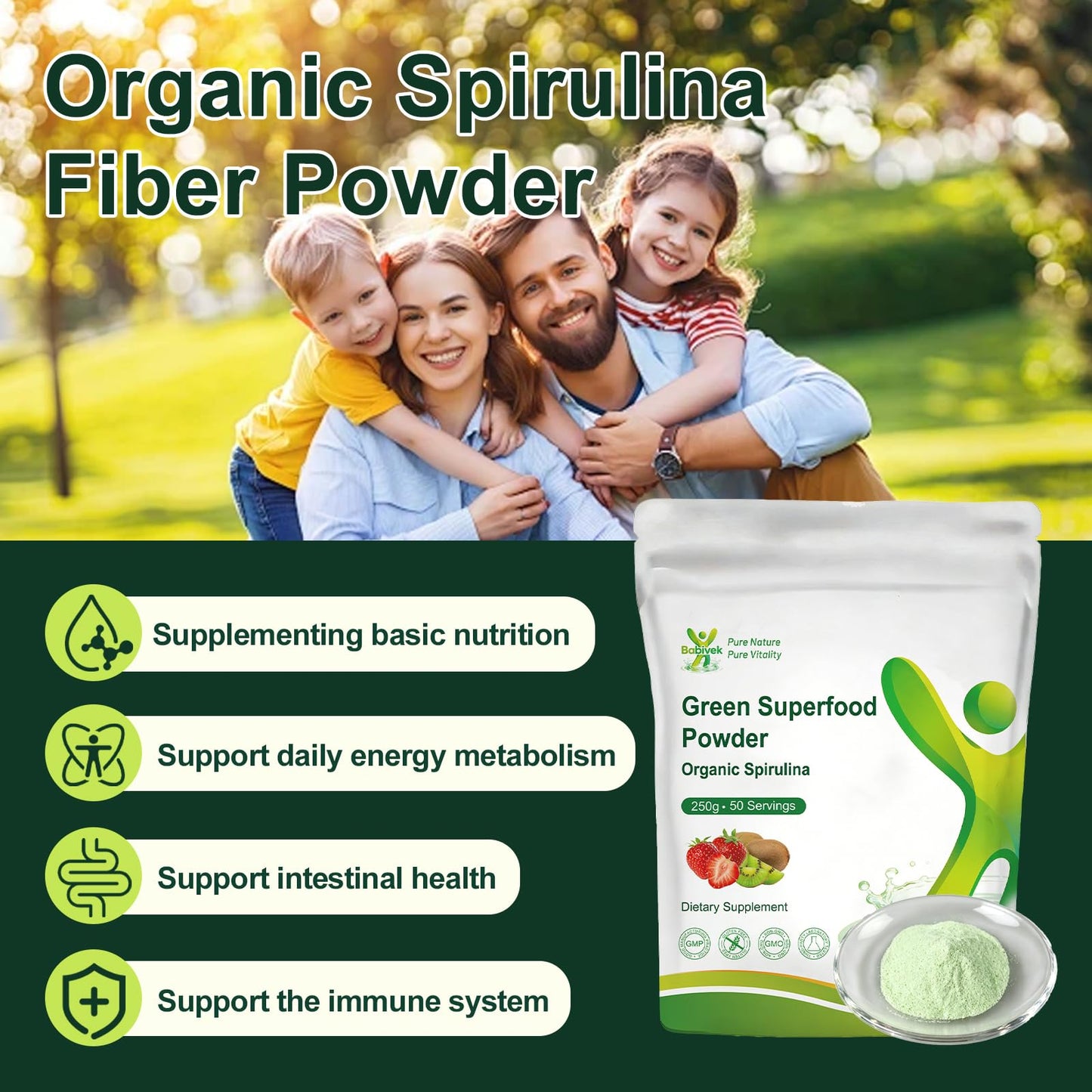 Babivek Spirulina Powder USDA Organic Strawberry Kiwi Flavor Super Green Superfood, 8.82 Ounce