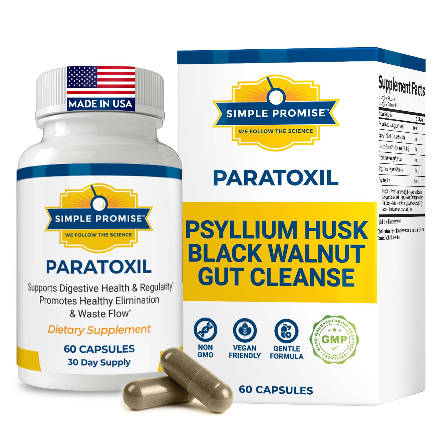 Simple Promise Paratoxil Daily Gut Cleanse with Psyllium Husk Fiber & Black Walnut, Slippery Elm, Aloe, Chlorella & Ginger - Natural & Plant-Based Cleanse Capsule, 60 Capsules