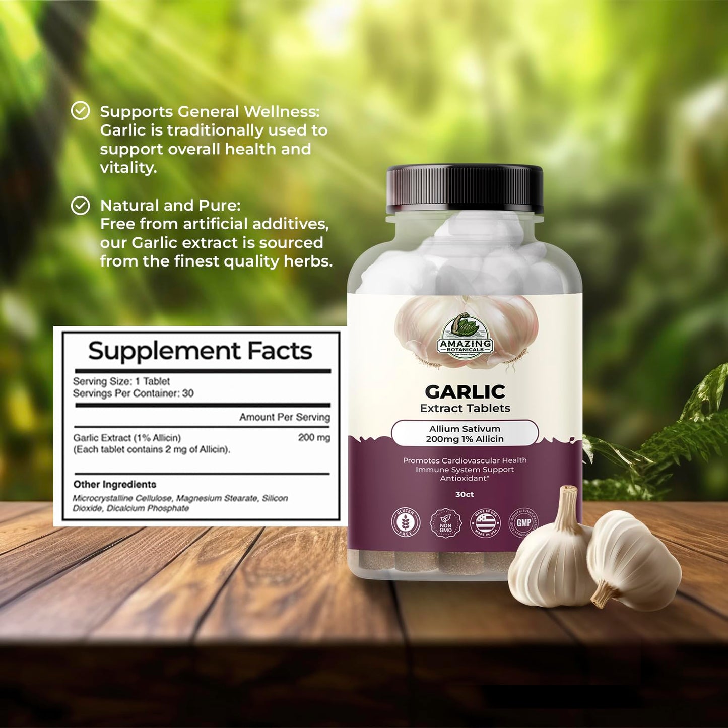 Amazing Botanicals Garlic Extract Tablets 200mg Allium Sativum 1% Allicin - High Potency Herbal Supplement, 30 Count