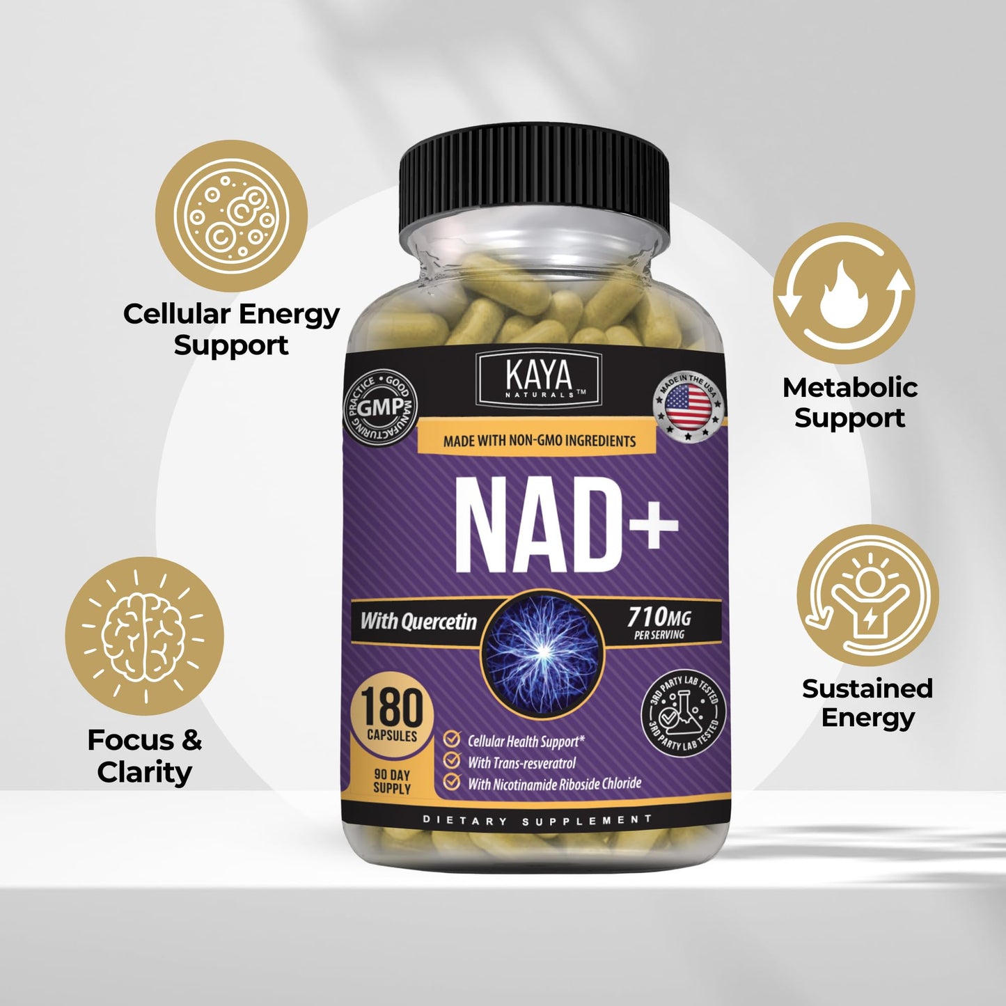 Kaya Naturals NAD+ with Trans-Resveratrol 710mg per Serving Capsule, 180 Count