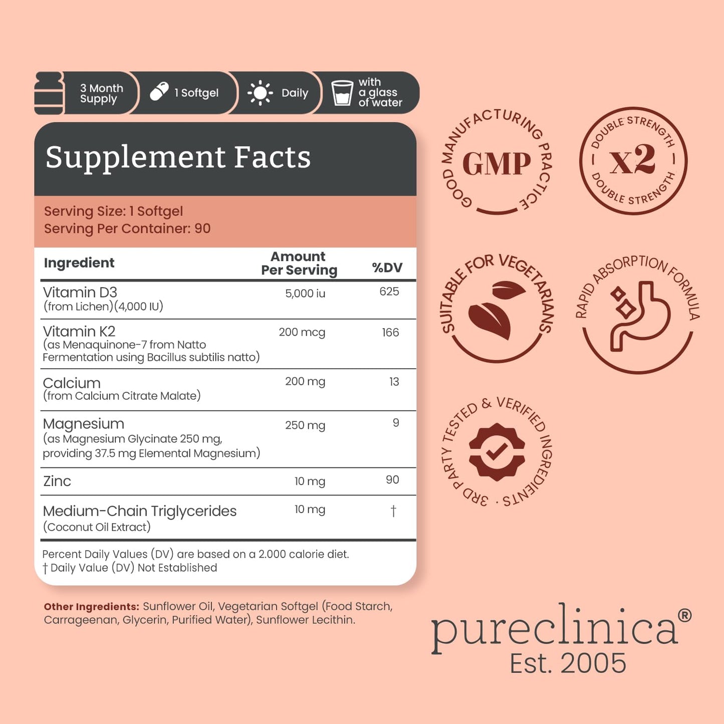 pureclinica Double Strength D3 + K2 Complex Softgels 180