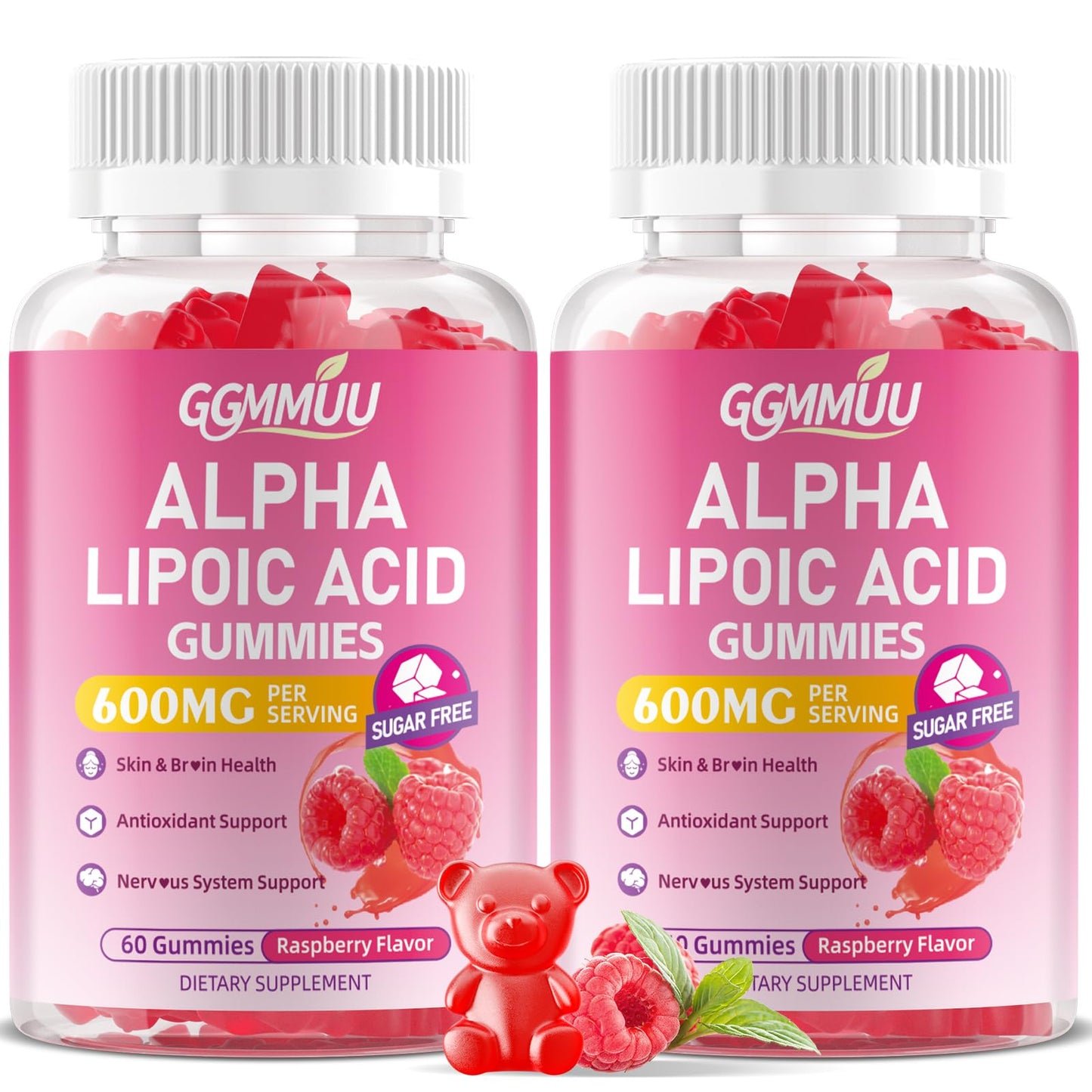 GGMMUU Alpha Lipoic Acid Gummies 600mg, High Absorption Chewable ALA Supplement, Raspberry Flavor, Vegan, Sugar Free, 120 Gummies