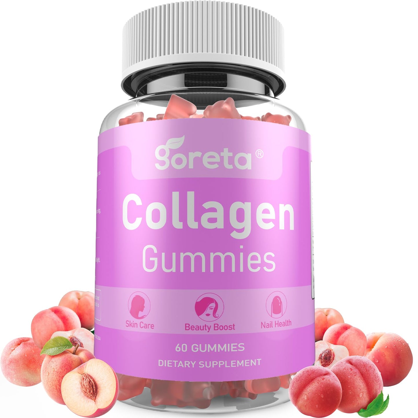 Goreta Collagen Gummies with Biotin, Vitamin C & Zinc – 1000mg Hydrolyzed Collagen Peptides for Skin, Hair & Nails Nutrition, Daily Beauty Nutrition, Peach Flavor, 60 Gummies