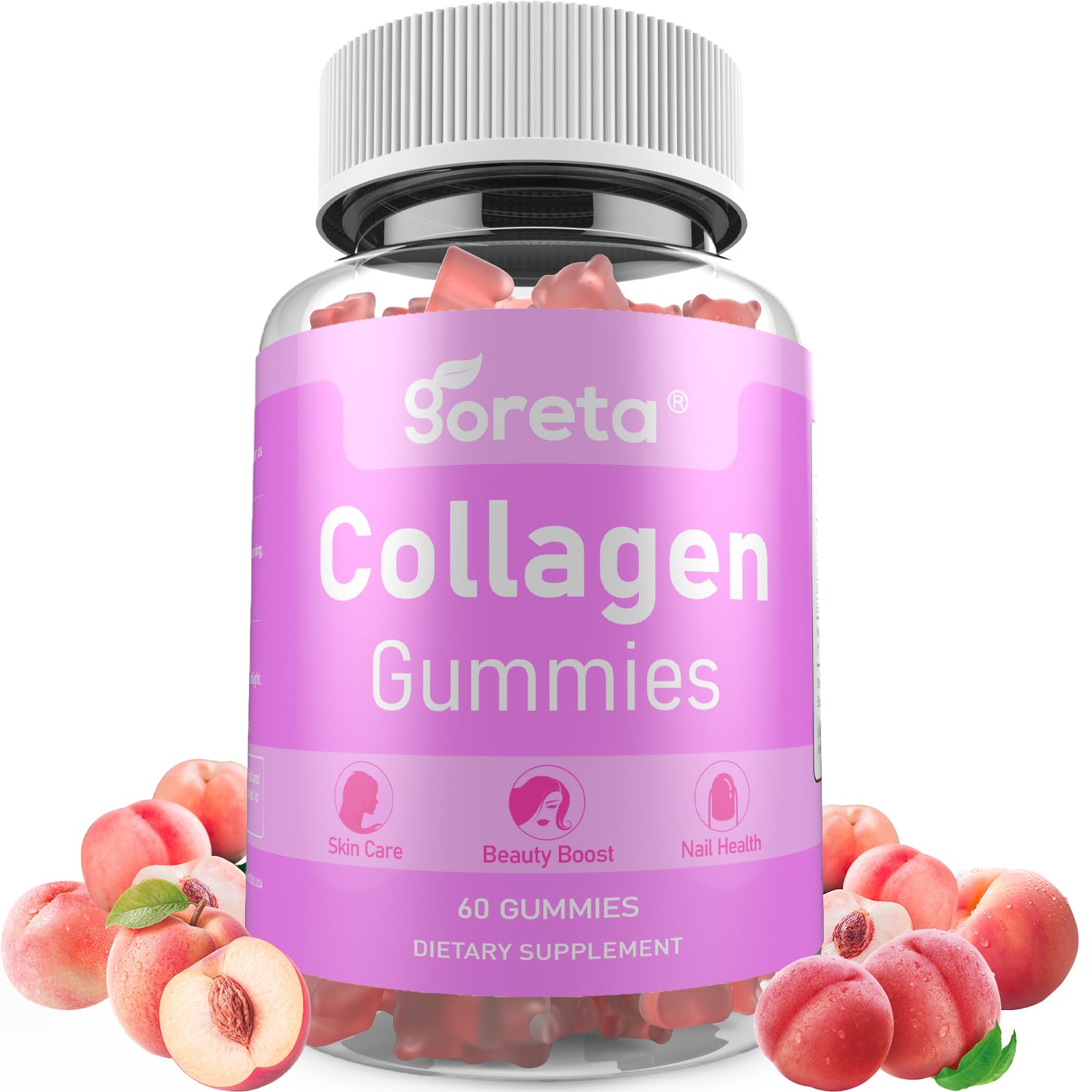 Goreta Collagen Gummies with Biotin, Vitamin C & Zinc – 1000mg Hydrolyzed Collagen Peptides for Skin, Hair & Nails Nutrition, Daily Beauty Nutrition, Peach Flavor, 60 Gummies