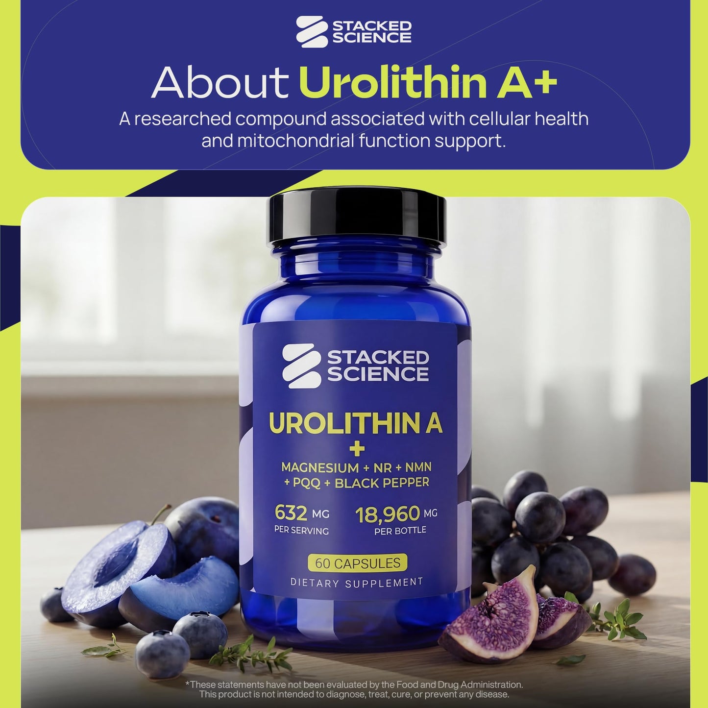 Stacked Science Urolithin A 1000 mg with Proprietary Blend, NR, NMN, PQQ, Magnesium Bisglycinate, Black Pepper 60 Capsules
