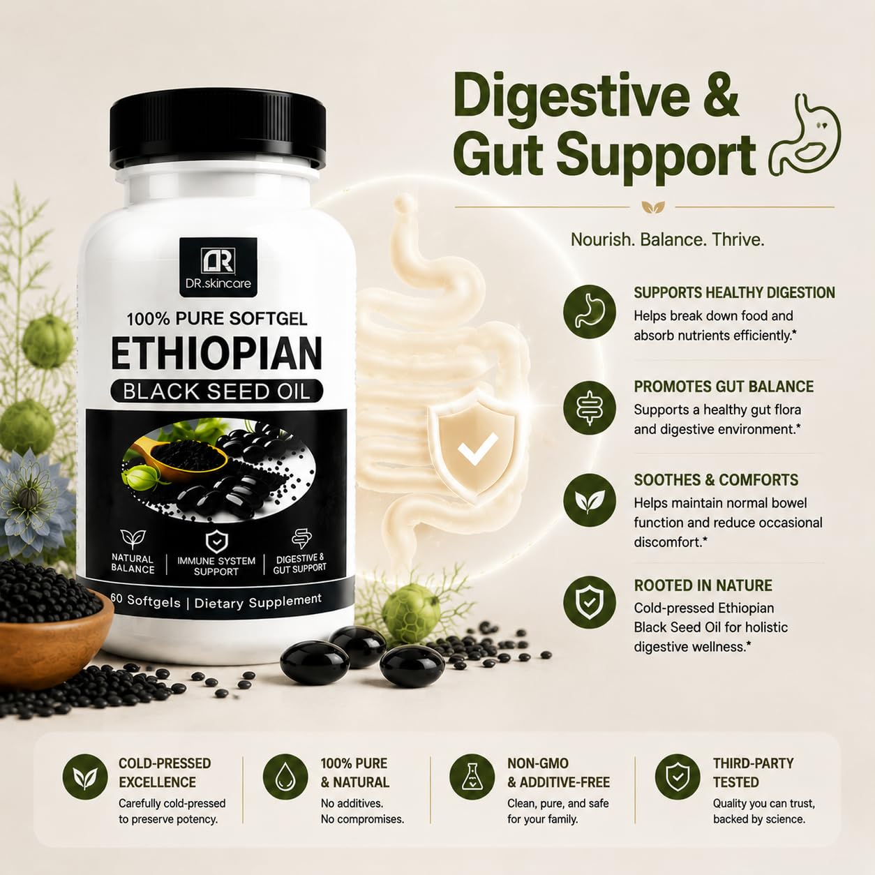 DR. SKIN CARE Ethiopian Black Seed Oil Softgels 800mg per Serving, Cold-Pressed Nigella Sativa Seed Oil Supplement, Immune Support, Digestive & Gut Support, Natural Wellness Formula, 60 Softgels