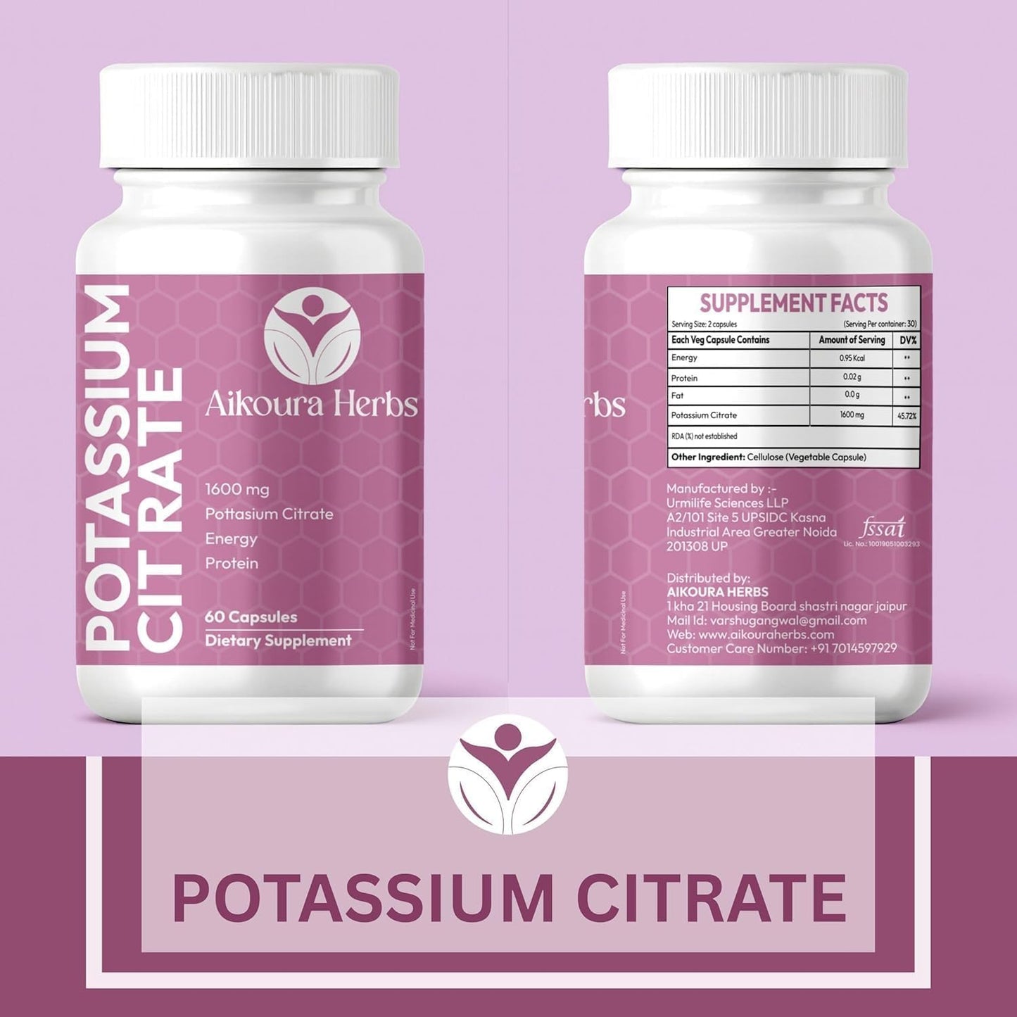 AIKOURA HERBS Potassium Citrate Capsules 1600 mg, 60 Vegan Capsules