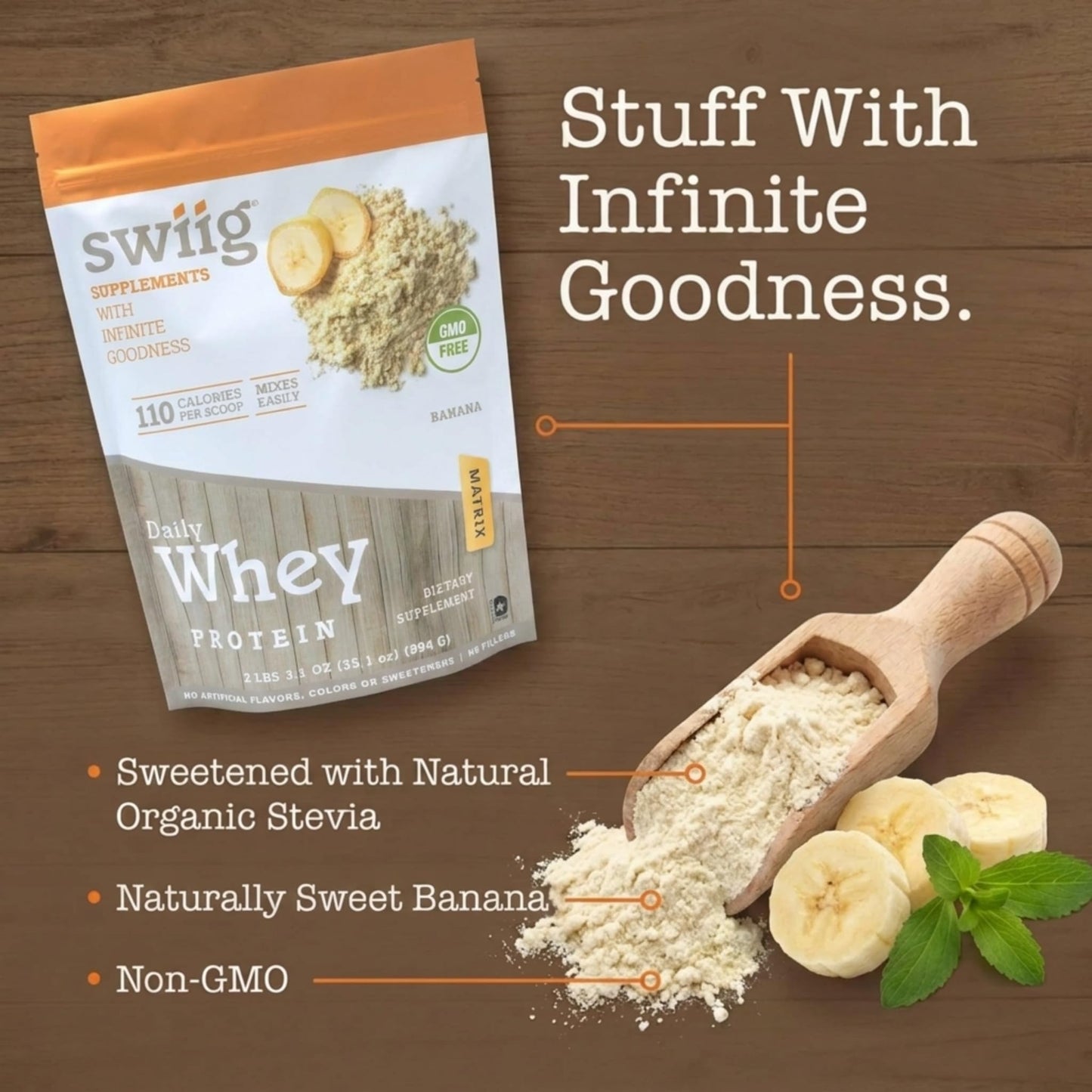 swiig Premium Daily Whey Protein Powder, Banana, 2.2 lb