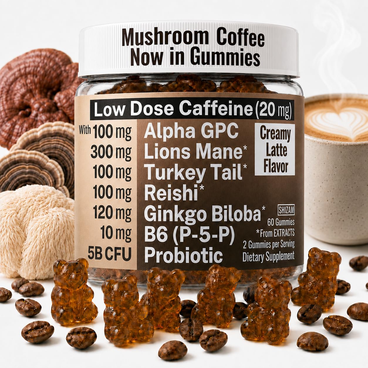 SHIZAM Mushroom Coffee Gummies with Lion’s Mane, Ginkgo Biloba, Alpha GPC & B6 P5P, 60 Count
