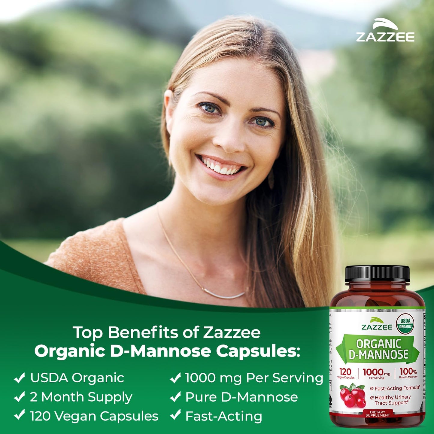 Zazzee USDA Organic D-Mannose 1000 mg Capsules, 120 Count