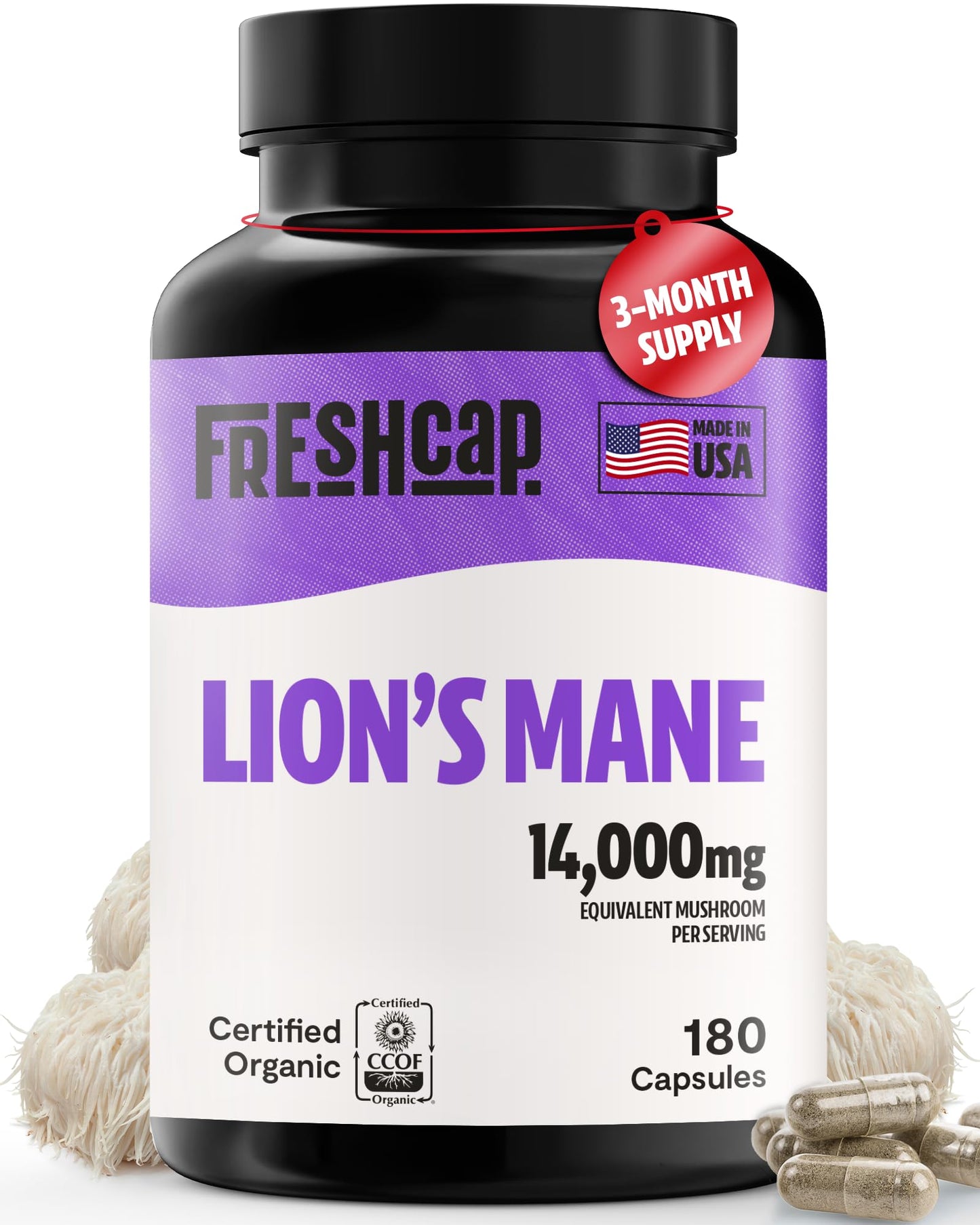 FreshCap Mushrooms Premium Organic Lions Mane Capsules, 180 Capsules