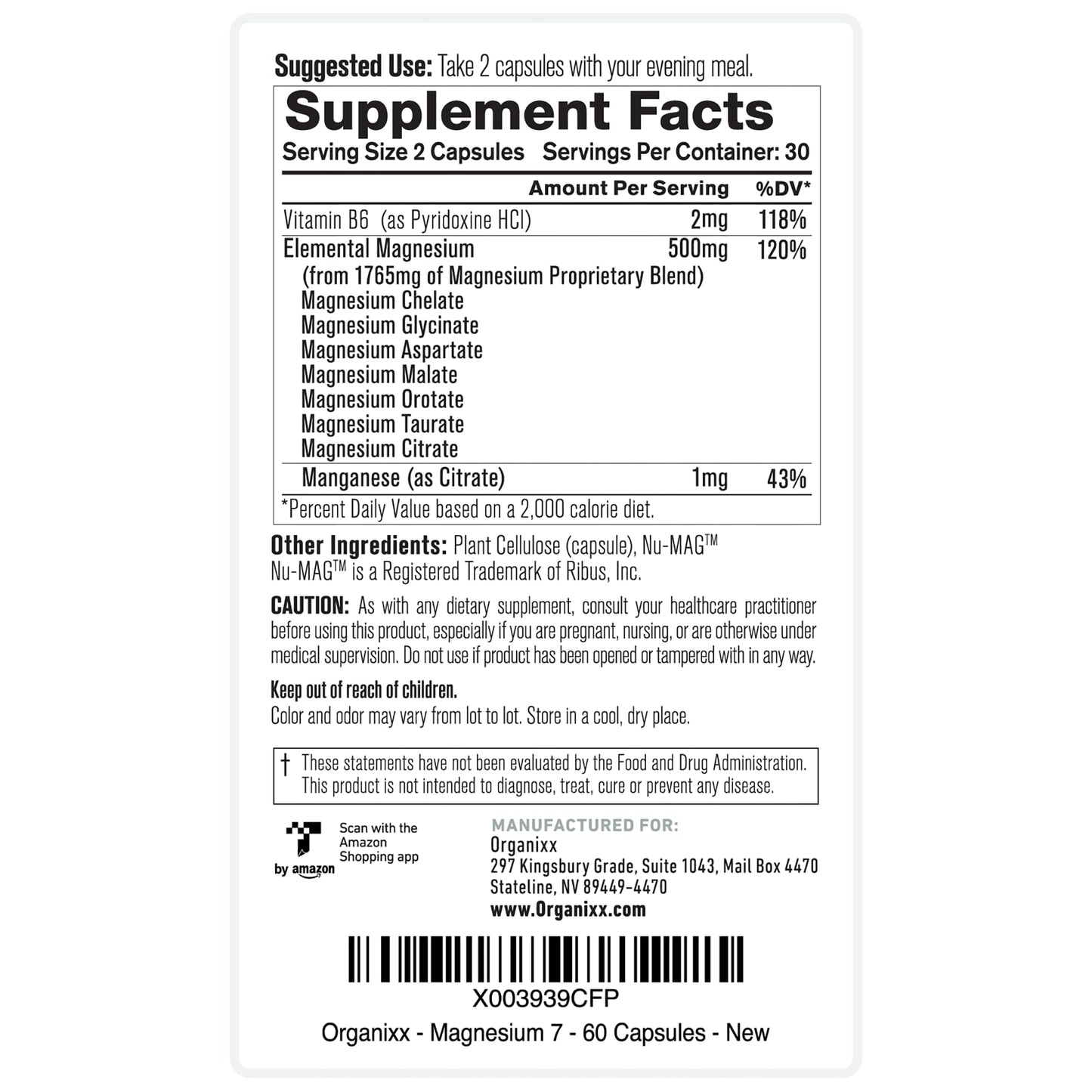 Organixx Magnesium 7 Supplement Capsules, 180 Count