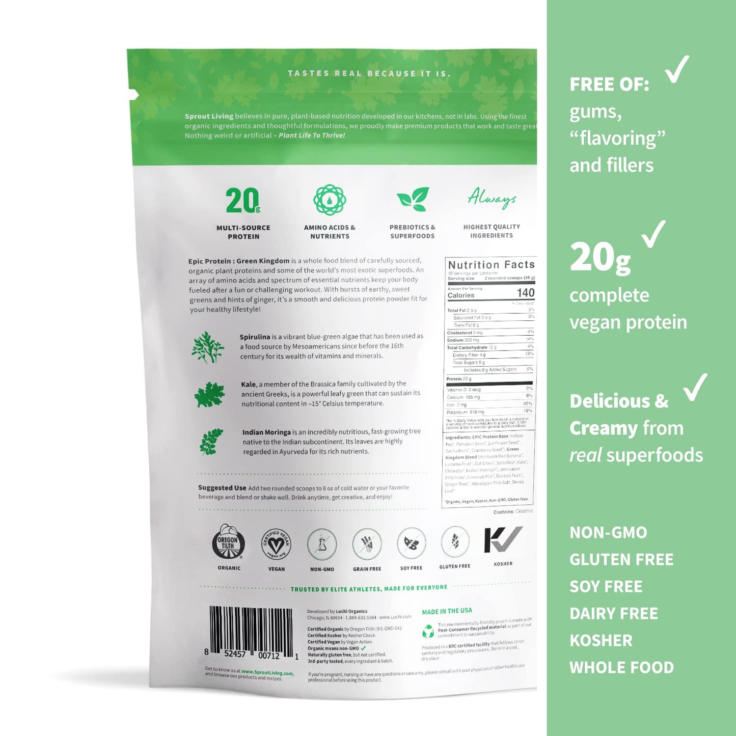 Sprout Living Epic Protein Bundle - Vanilla Lucuma & Green Kingdom Protein Powder, 20g Organic Plant-Based, 2-Pack
