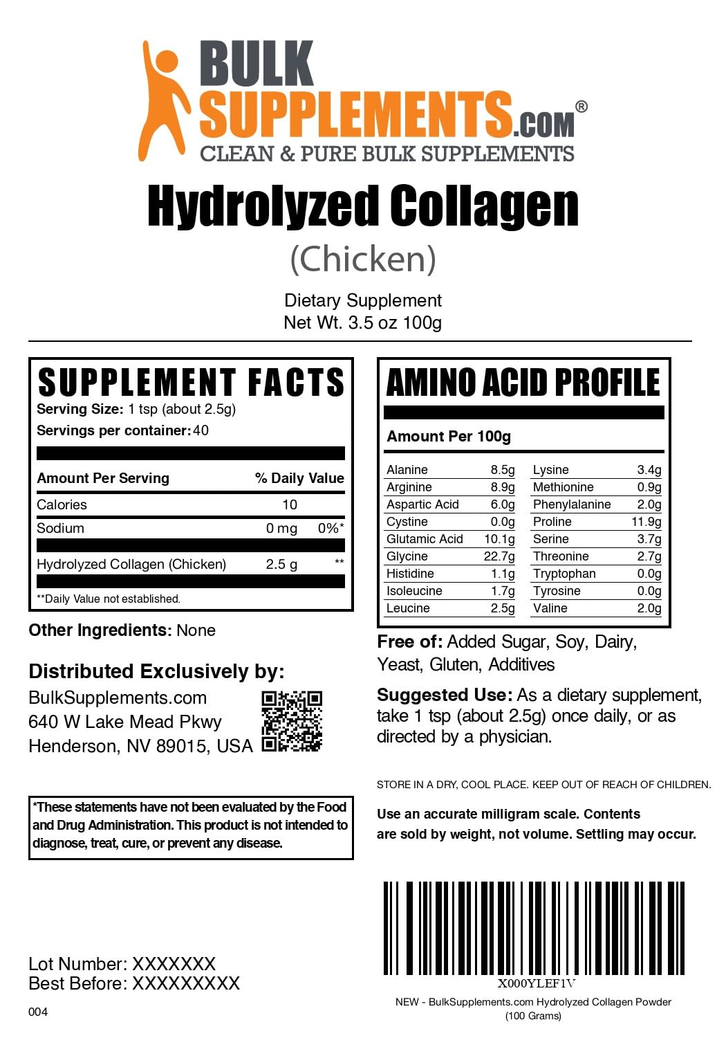 BulkSupplements Chicken Collagen Powder - Hydrolyzed Collagen, Unflavored & Gluten Free, 3.52 oz (100 g), Pack of 1