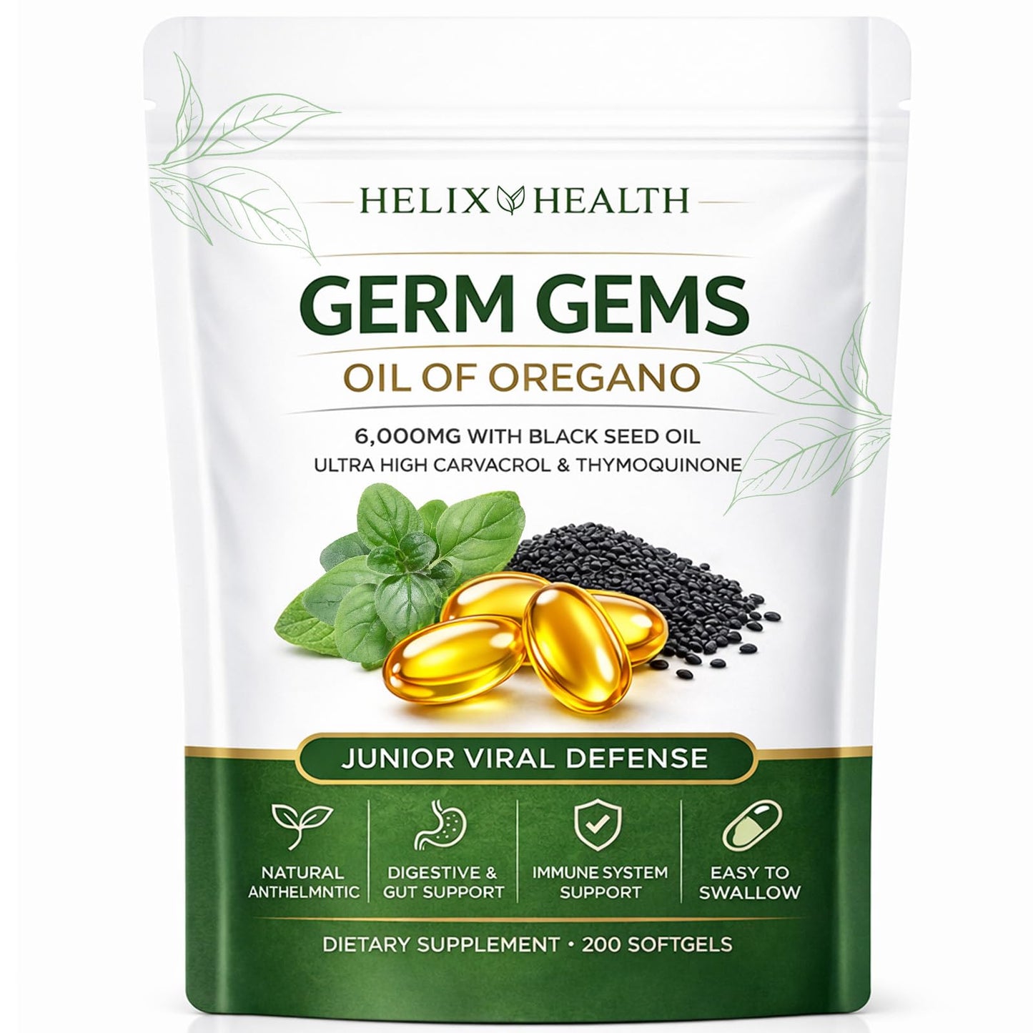 AuraNaturals Helix Health Germ Gems Oil of Oregano Capsule with Black Seed Oil, 4X Strength Carvacrol & Thymoquinone, Immune & Digestive Support, 2-in-1 Formula, Plant Based, Non-GMO, 200 Count