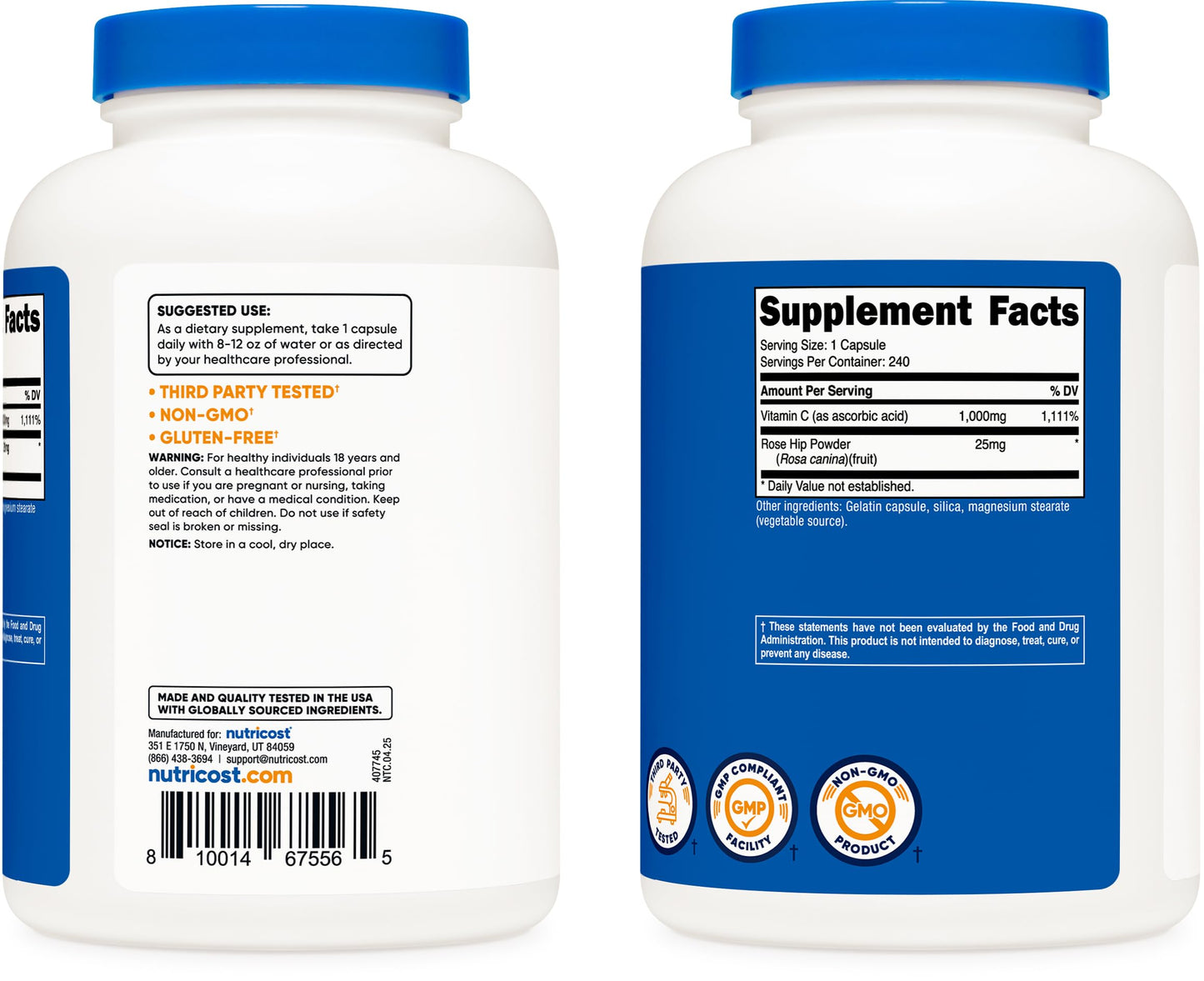 Nutricost Vitamin C with Rose Hips 1025mg Capsules, 240 Count