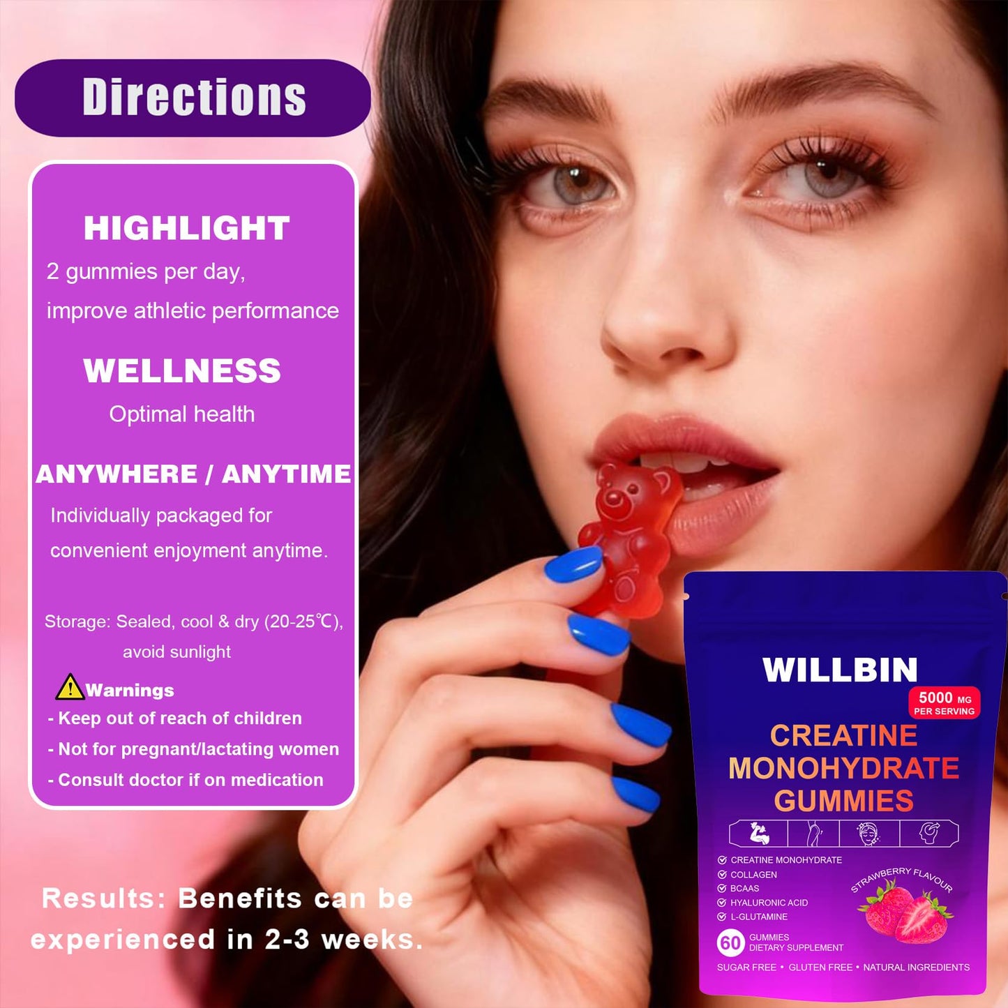 Willbin Creatine Monohydrate Gummies Strawberry Flavor 6.35 oz