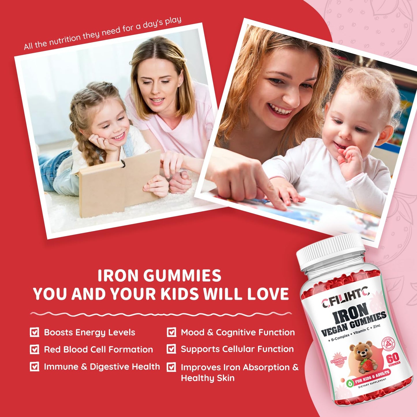 CFILIHTC Iron Gummies with Multivitamin - Vitamin B Complex, C, B6, B12, Folate, Zinc, Strawberry Flavor, Vegan, 60 Gummies